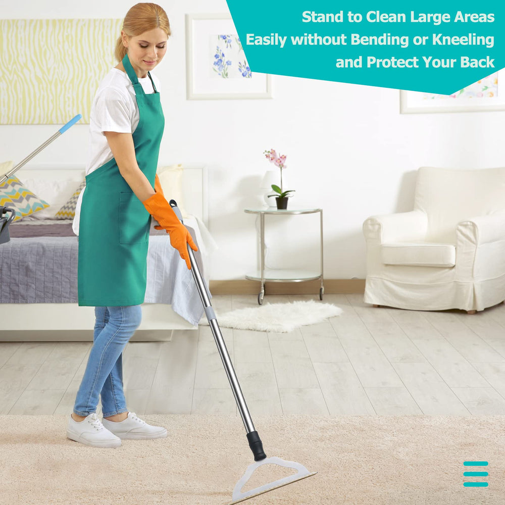 GOSEDER long-handle rake in use on rug for hands-free carpet cleaning