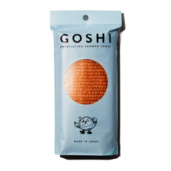 GOSHI front view packaging showing orange long body scrubber and benefits