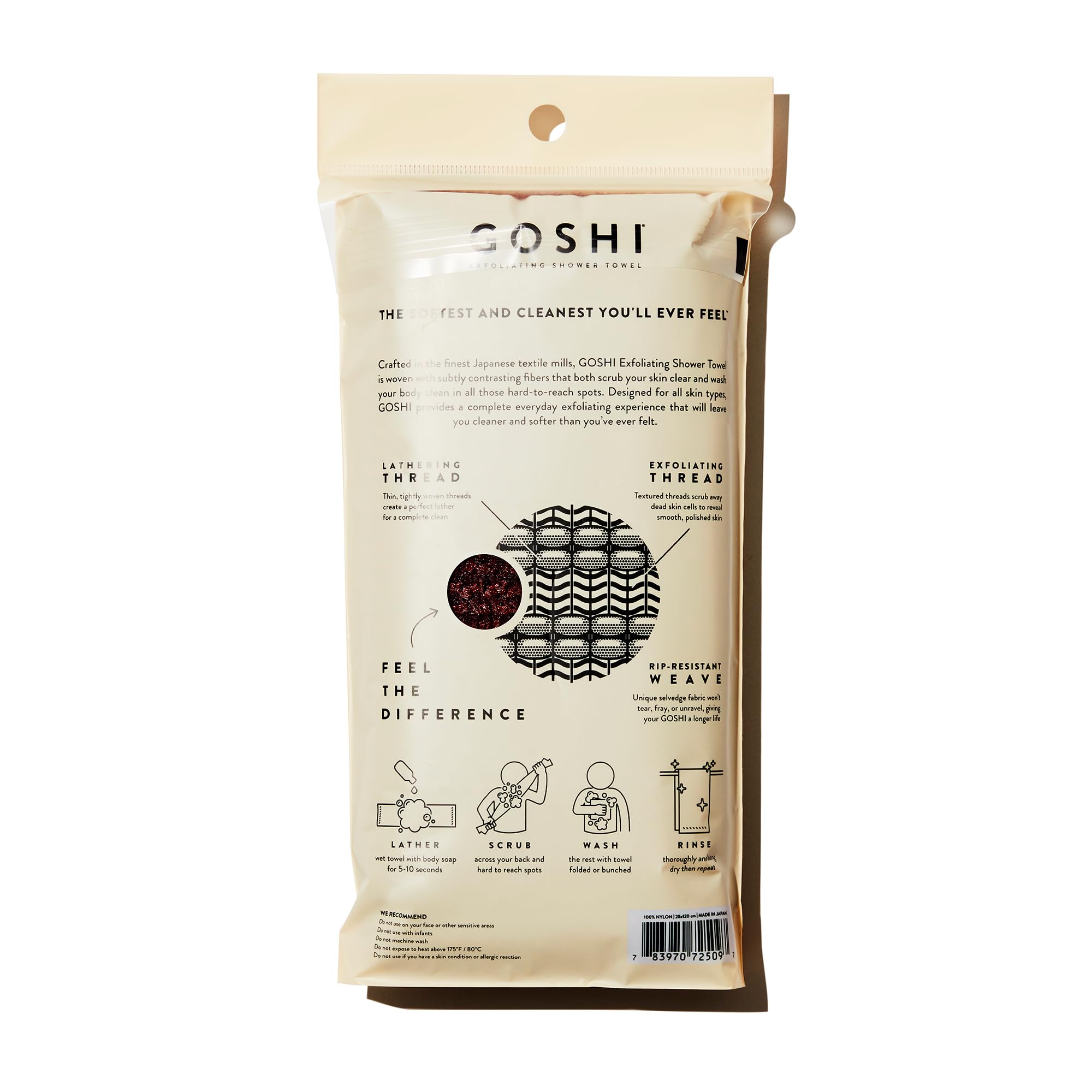 GOSHI close-up of dual-thread nylon weave showing gentle exfoliating texture