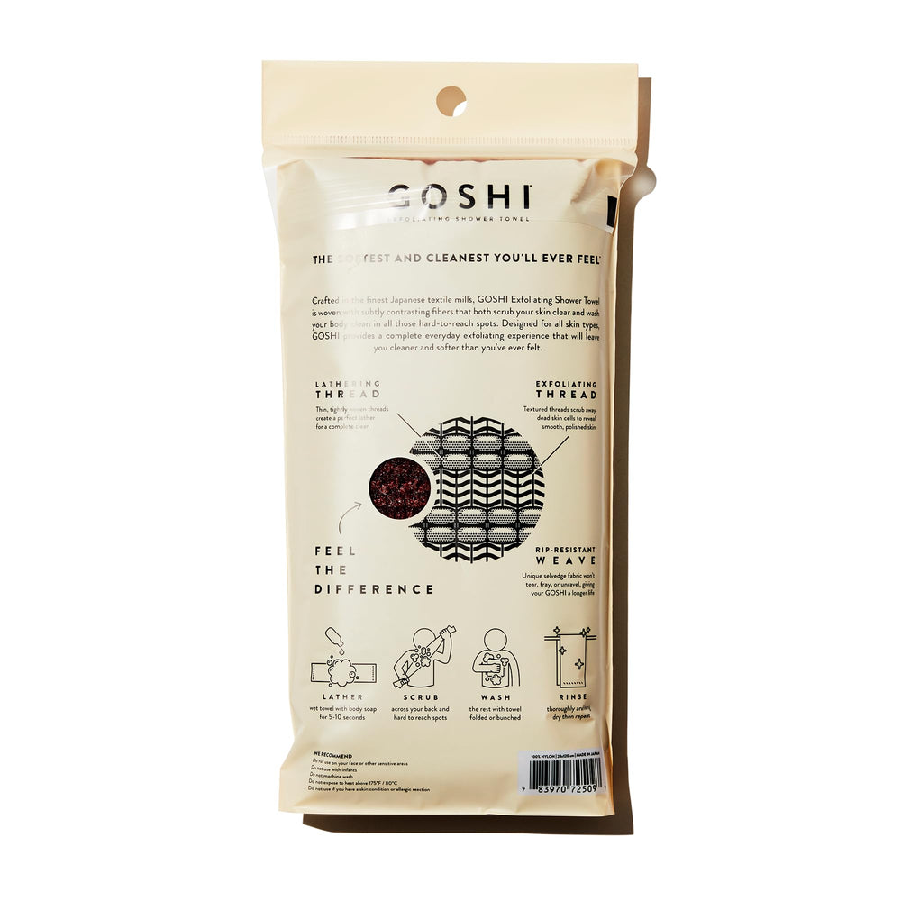 GOSHI close-up of dual-thread nylon weave showing gentle exfoliating texture