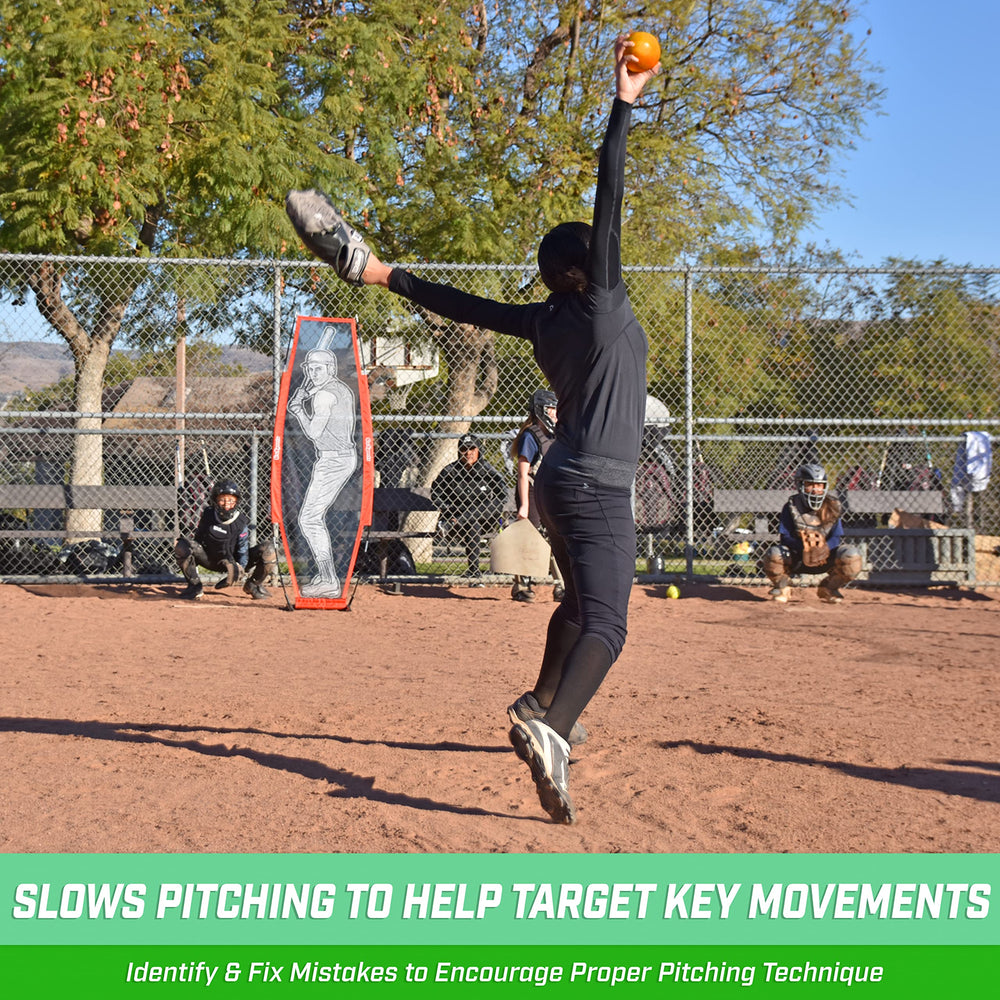 GoSports hand holding a single weighted softball highlighting 16 oz resistance benefit