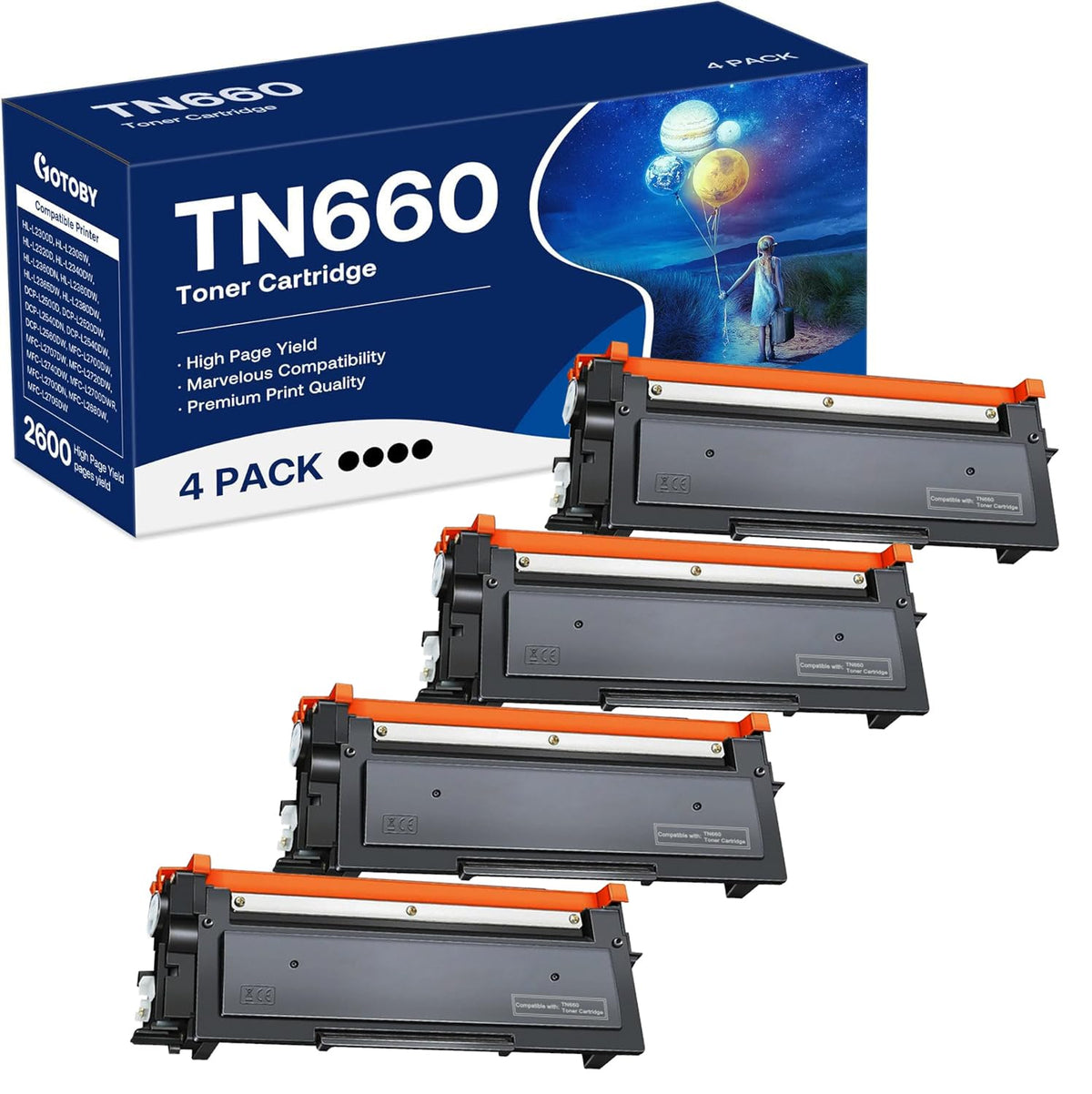 GOTOBY TN660 front packaging showing four cartridge boxes and clear savings