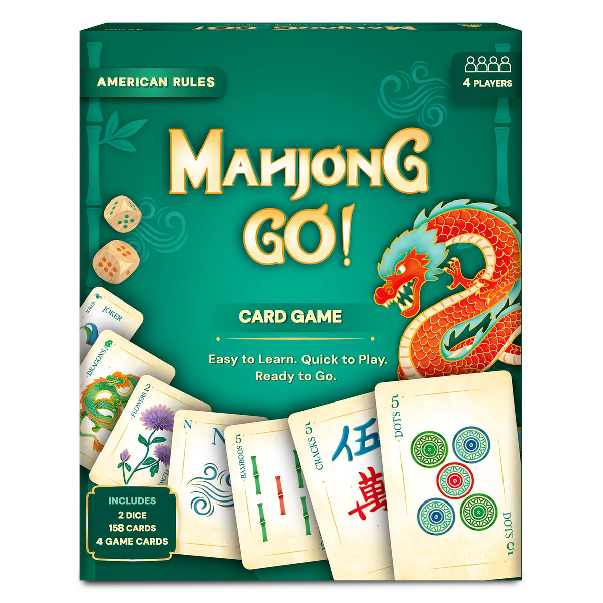 Gouda Games front box showing Mahjong Go! compact packaging and easy storage benefit