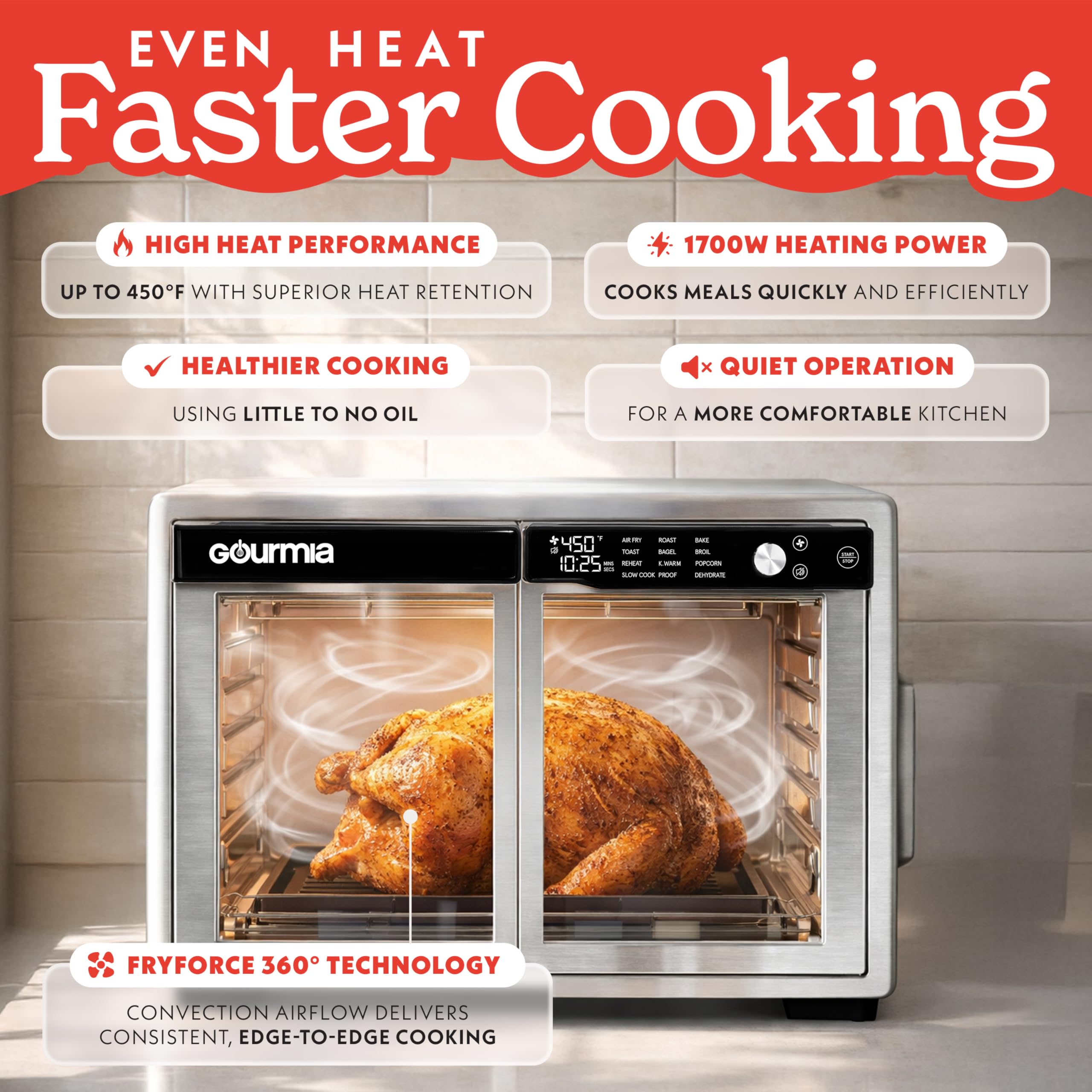 Gourmia air fry basket closeup highlighting FryForce circulation for crisp results with less oil