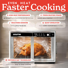 Gourmia air fry basket closeup highlighting FryForce circulation for crisp results with less oil