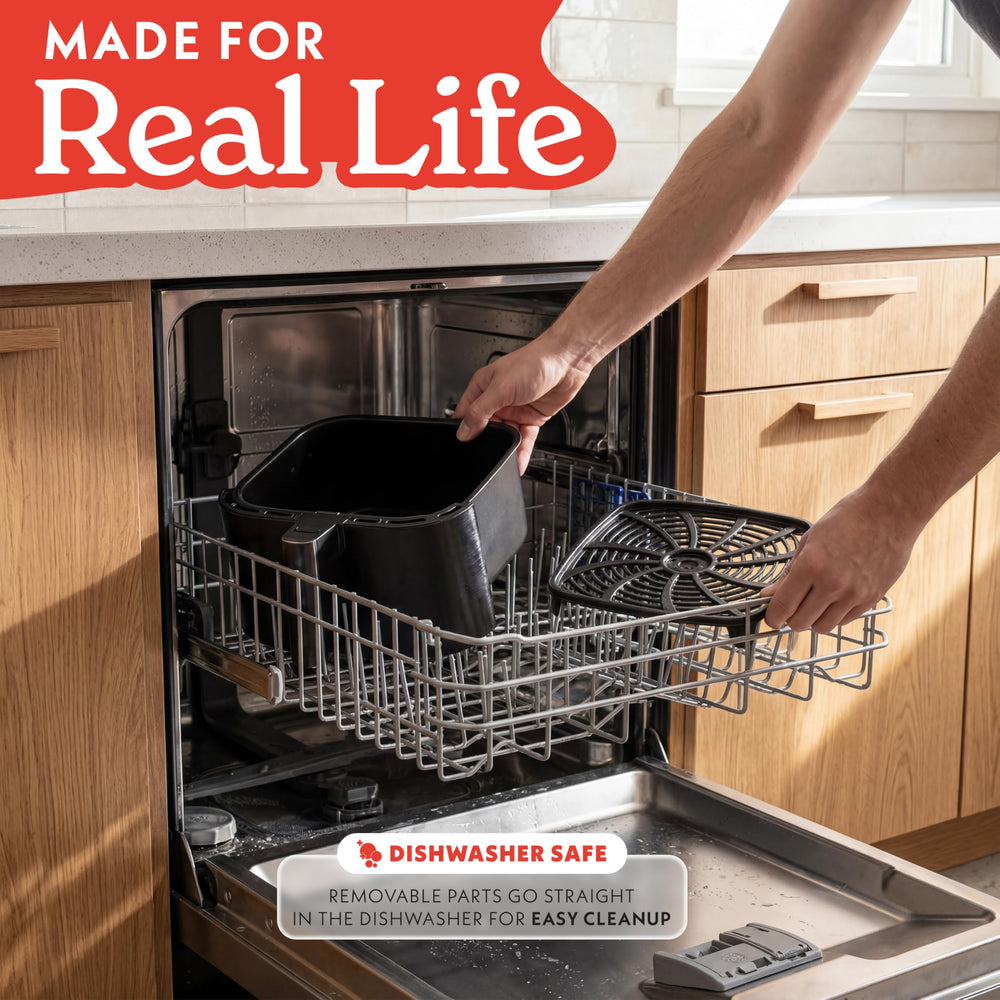 Gourmia basket next to dinner plate showing 7 qt capacity for families