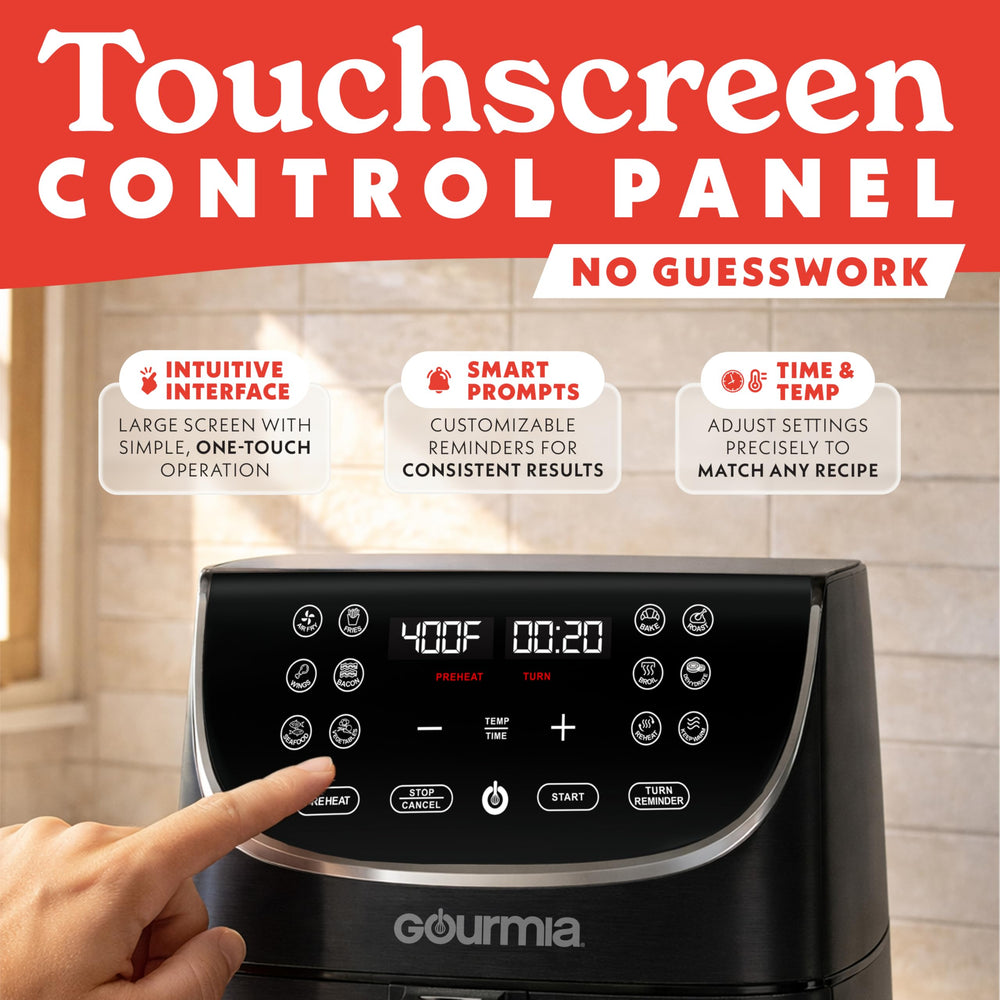 Gourmia close-up of LED touch panel showing presets for faster cooking
