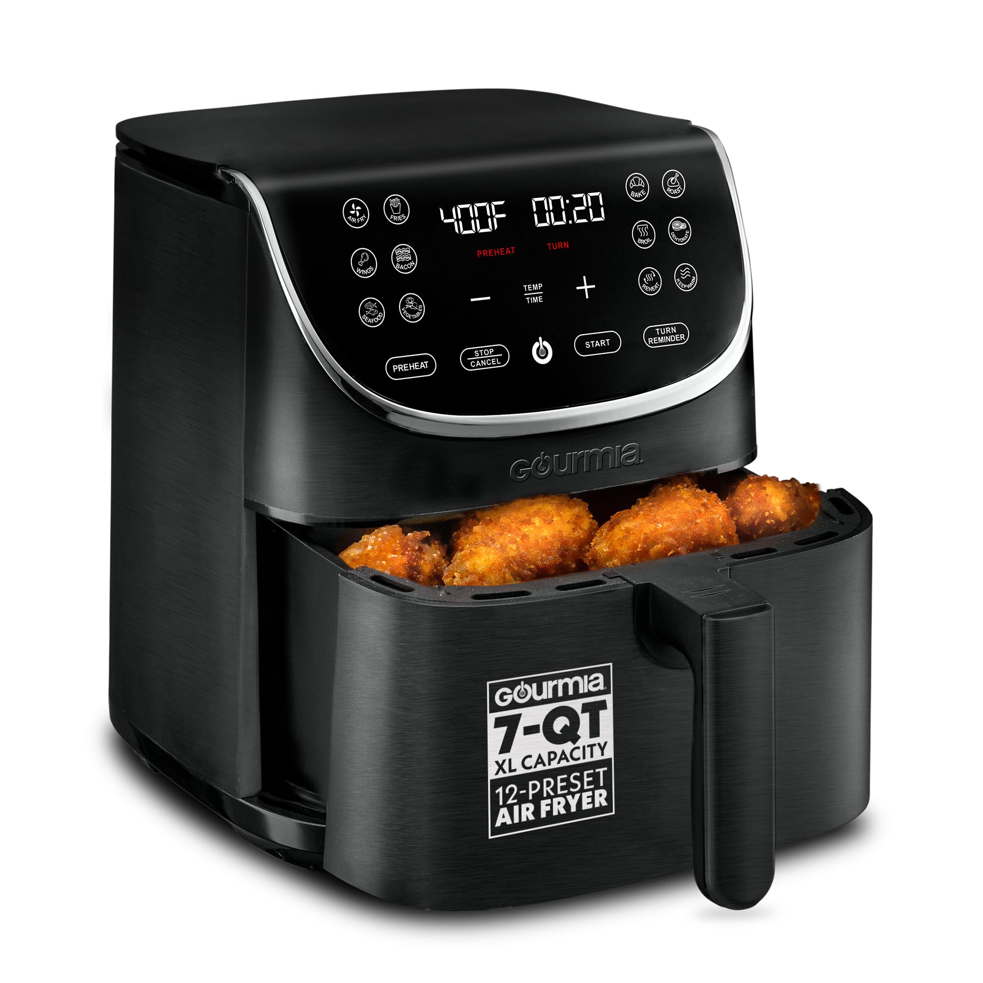 Gourmia front view showing compact black design and family-capacity benefit