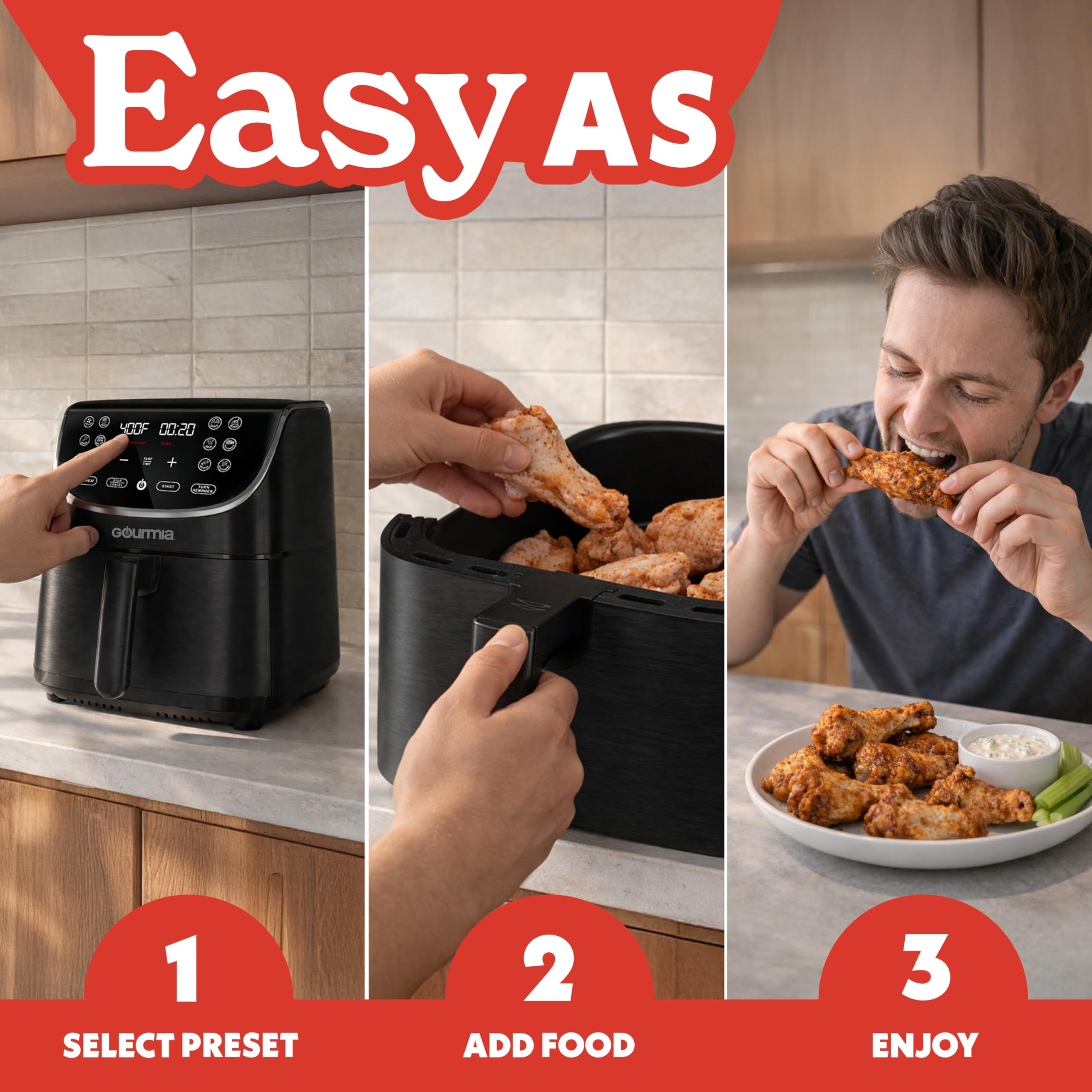 Gourmia in a kitchen lifestyle shot showing meal prep efficiency