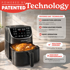 Gourmia air fryer cooking golden fries showing crisp results with less oil