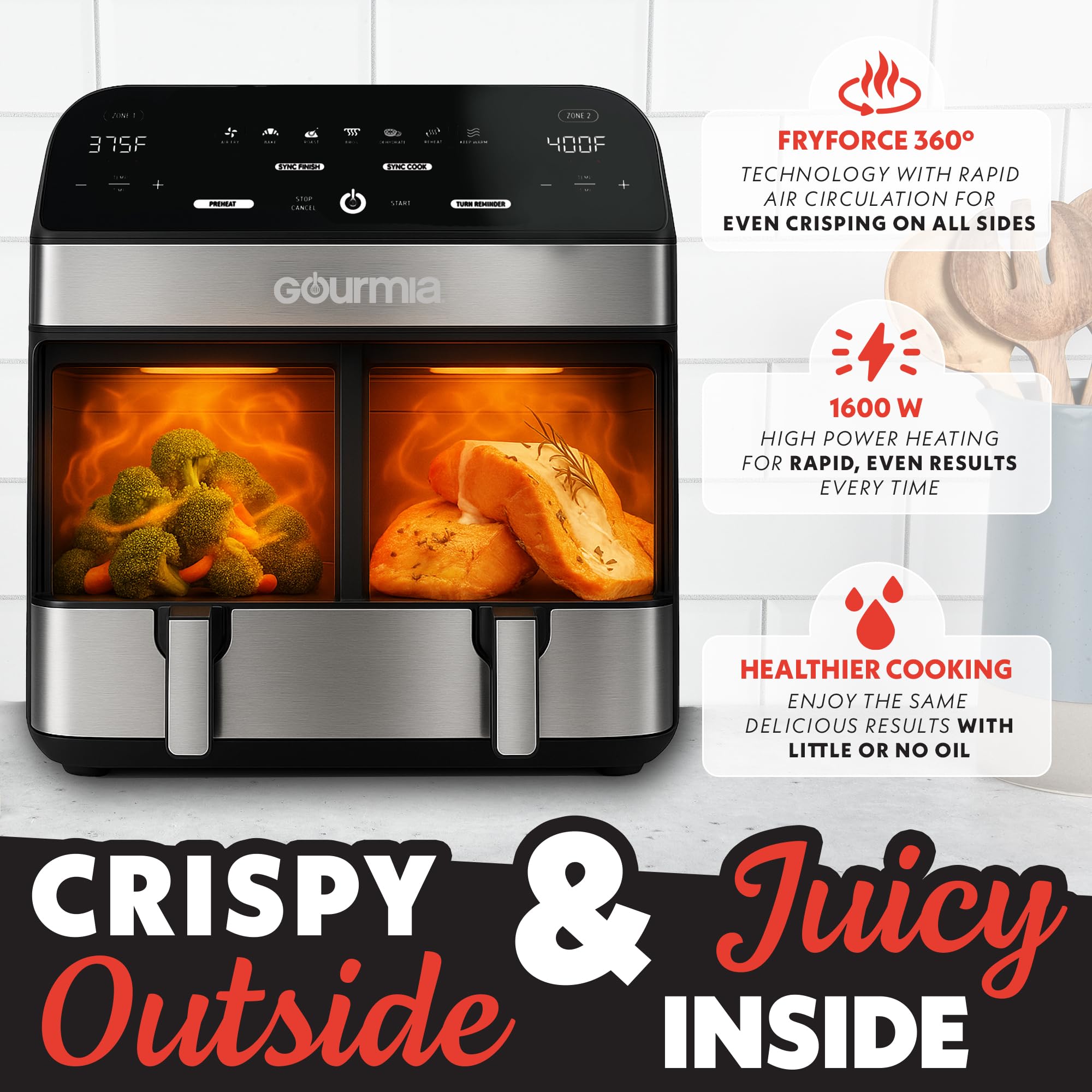 Gourmia airflow vent closeup highlighting FryForce 360° for even crisping