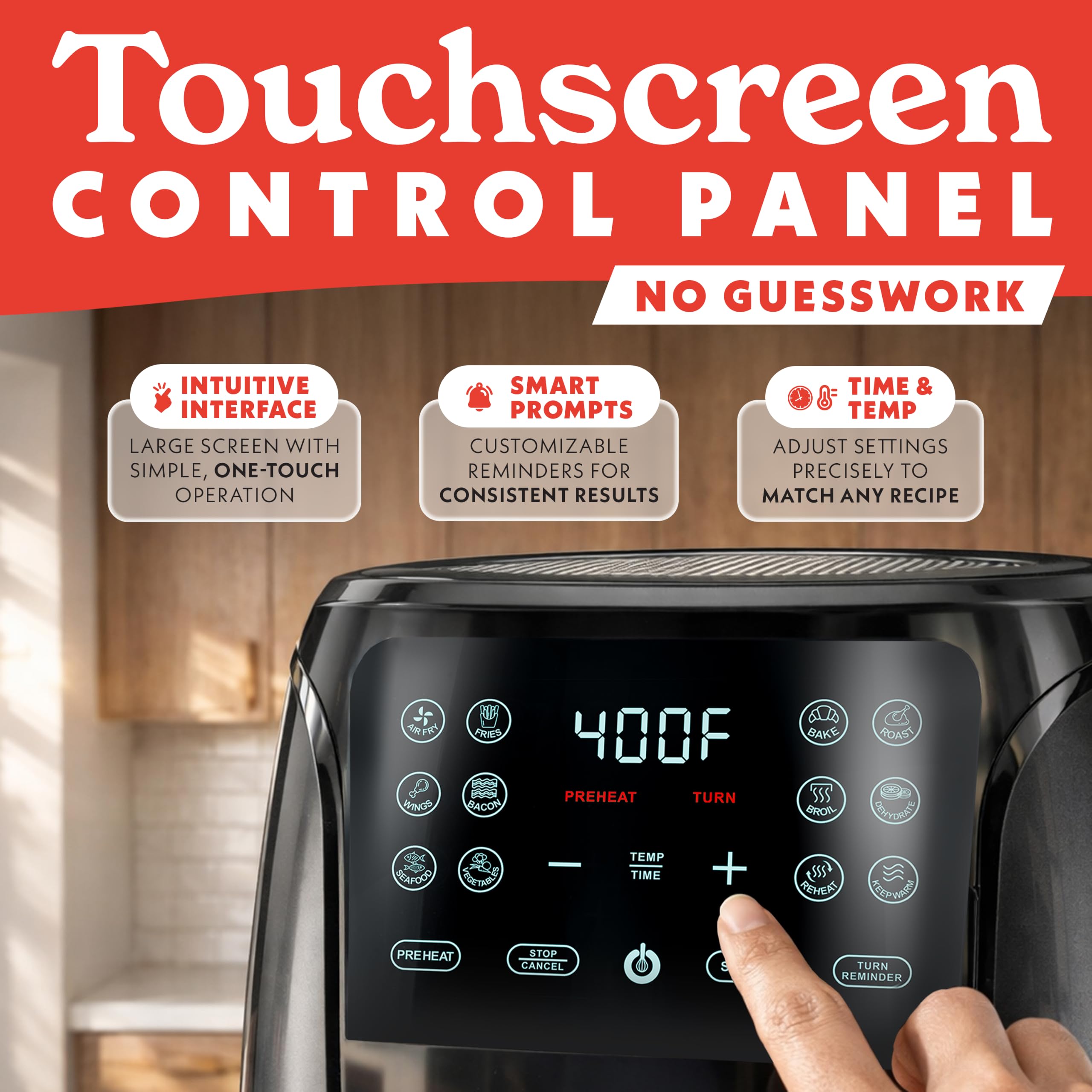 Gourmia control panel close-up highlighting 12 digital presets for convenience