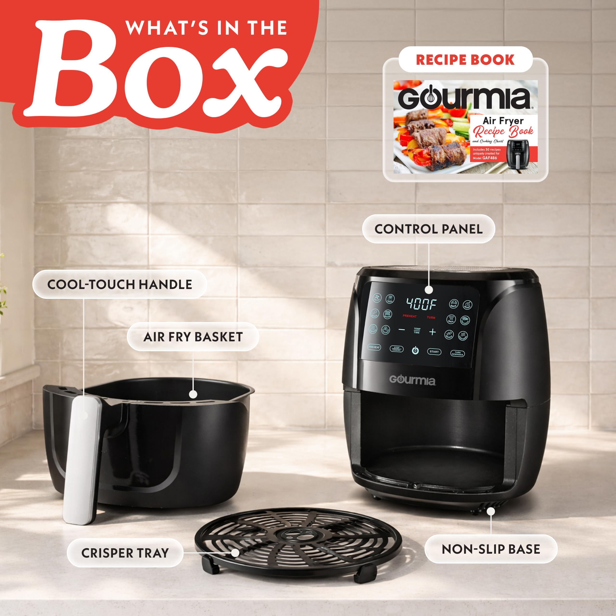 Gourmia basket full of crispy chips showing FryForce 360° crisping benefit