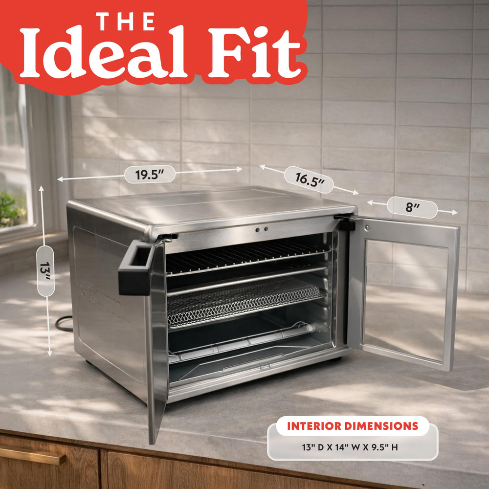 Gourmia oven on countertop beside measuring tape to show compact footprint and placement ease