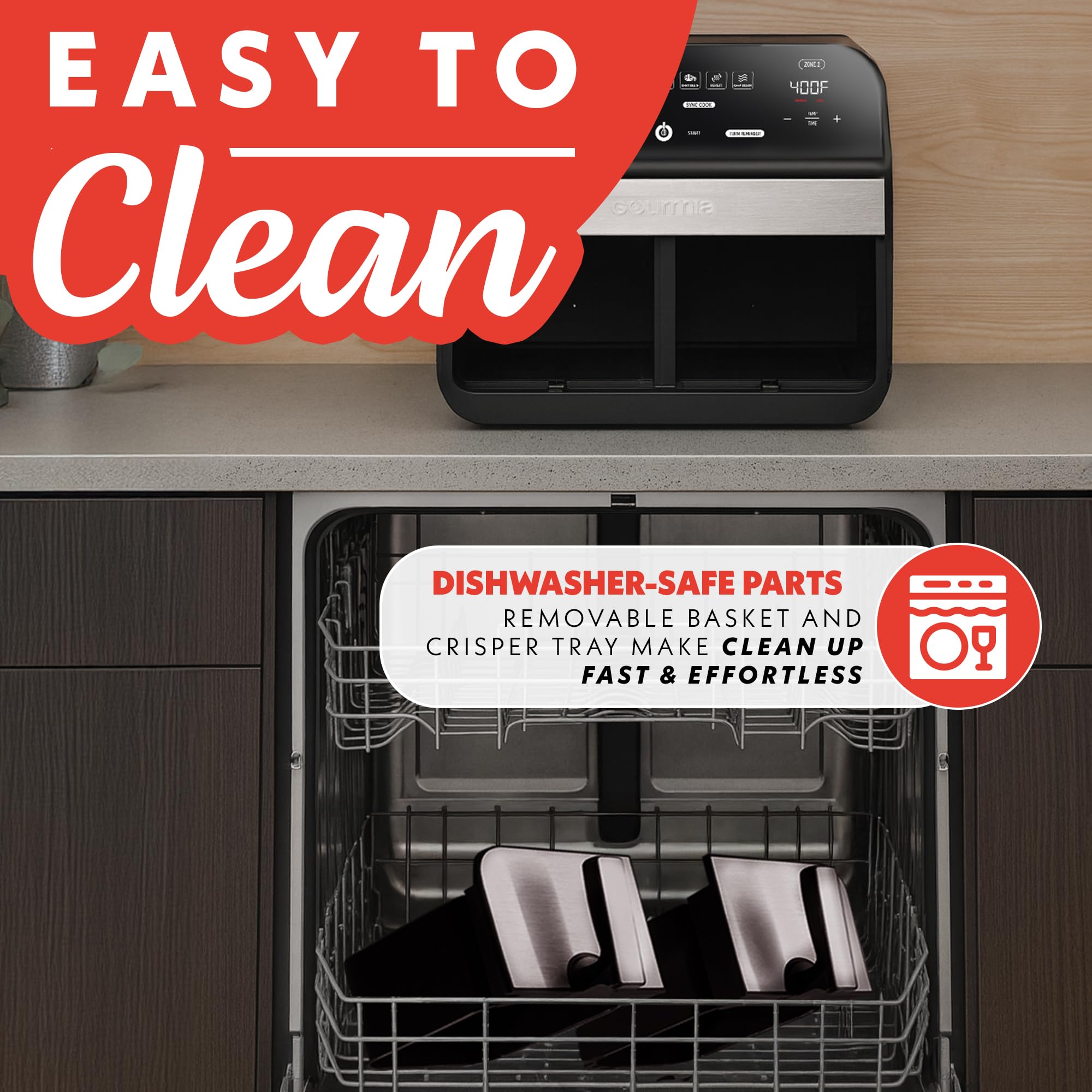 Gourmia two baskets in dishwasher to show dishwasher‑safe convenience