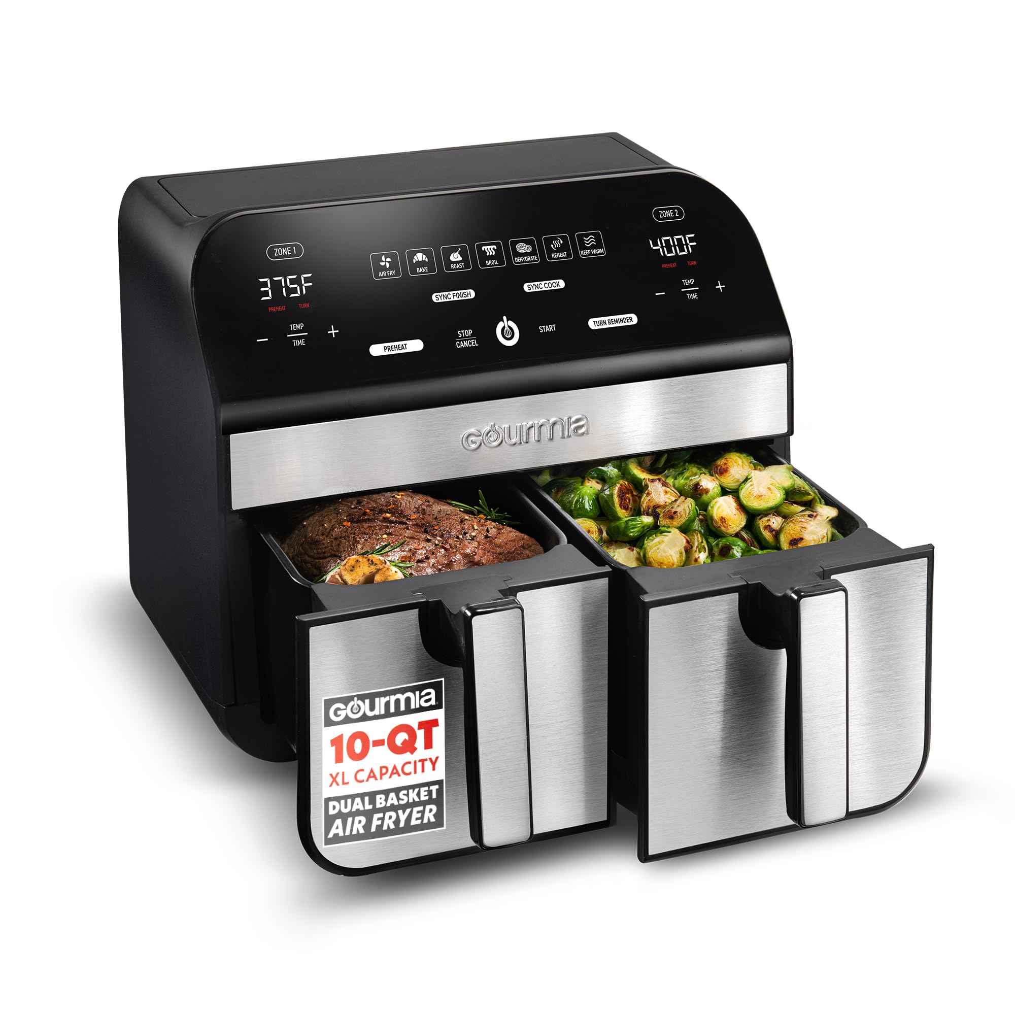 Gourmia front view showing dual baskets and stainless steel finish for family meals