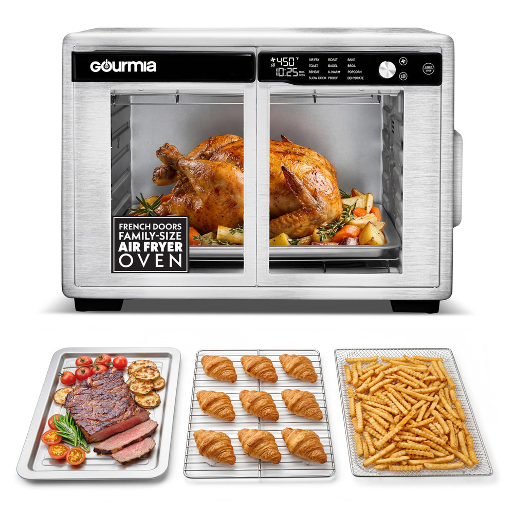 Gourmia front view of French door oven showing stainless steel exterior and controls for sleek countertop benefit