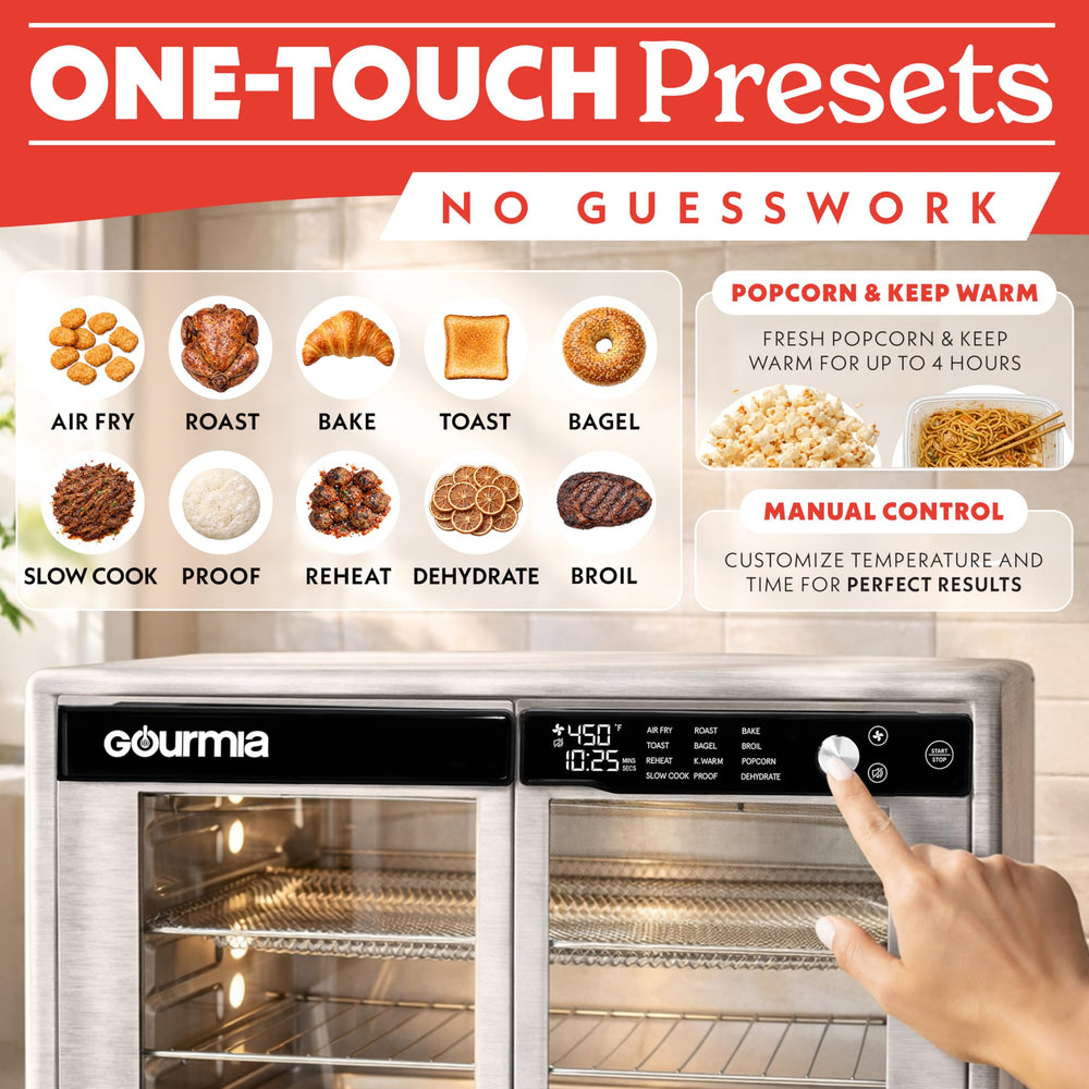 Gourmia open oven with 13-inch pizza inside demonstrating roomy XL capacity for family meals