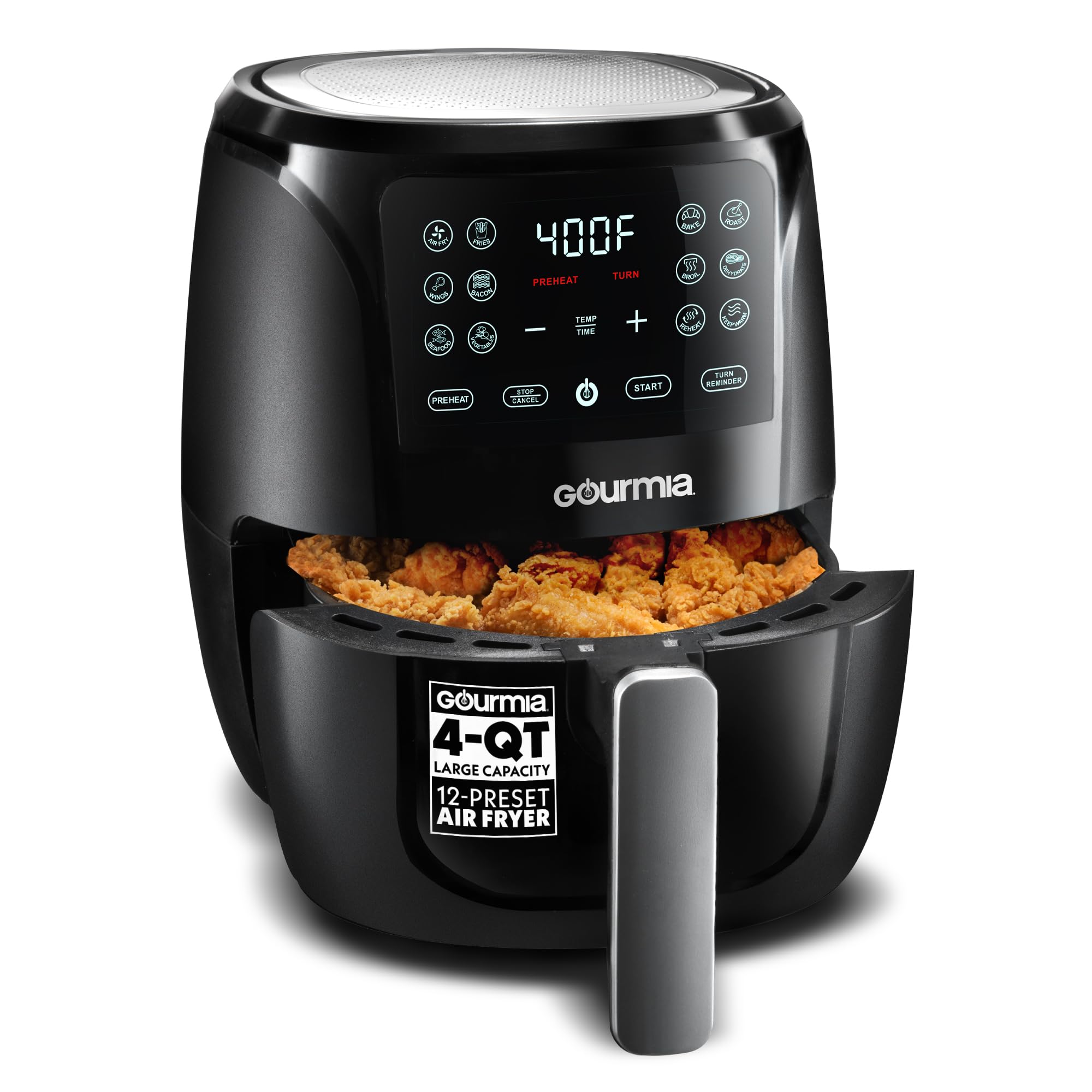 Gourmia front view of compact air fryer showing sleek design and easy placement