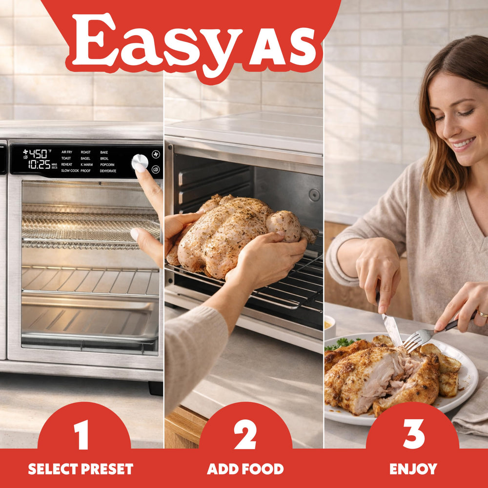 Gourmia lifestyle image of family serving food from oven illustrating convenient, shared meals
