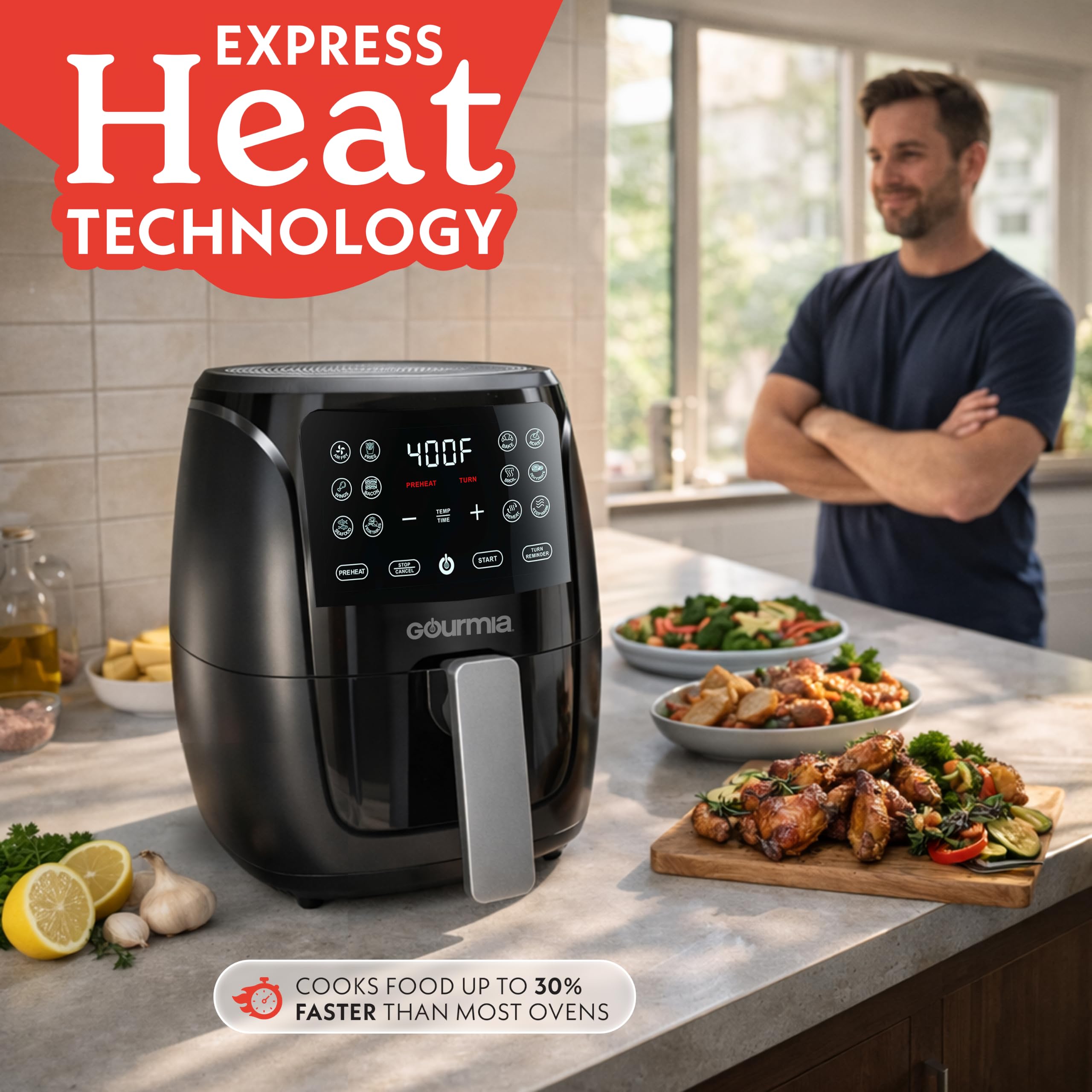 Gourmia side profile in black finish illustrating compact counter-friendly footprint