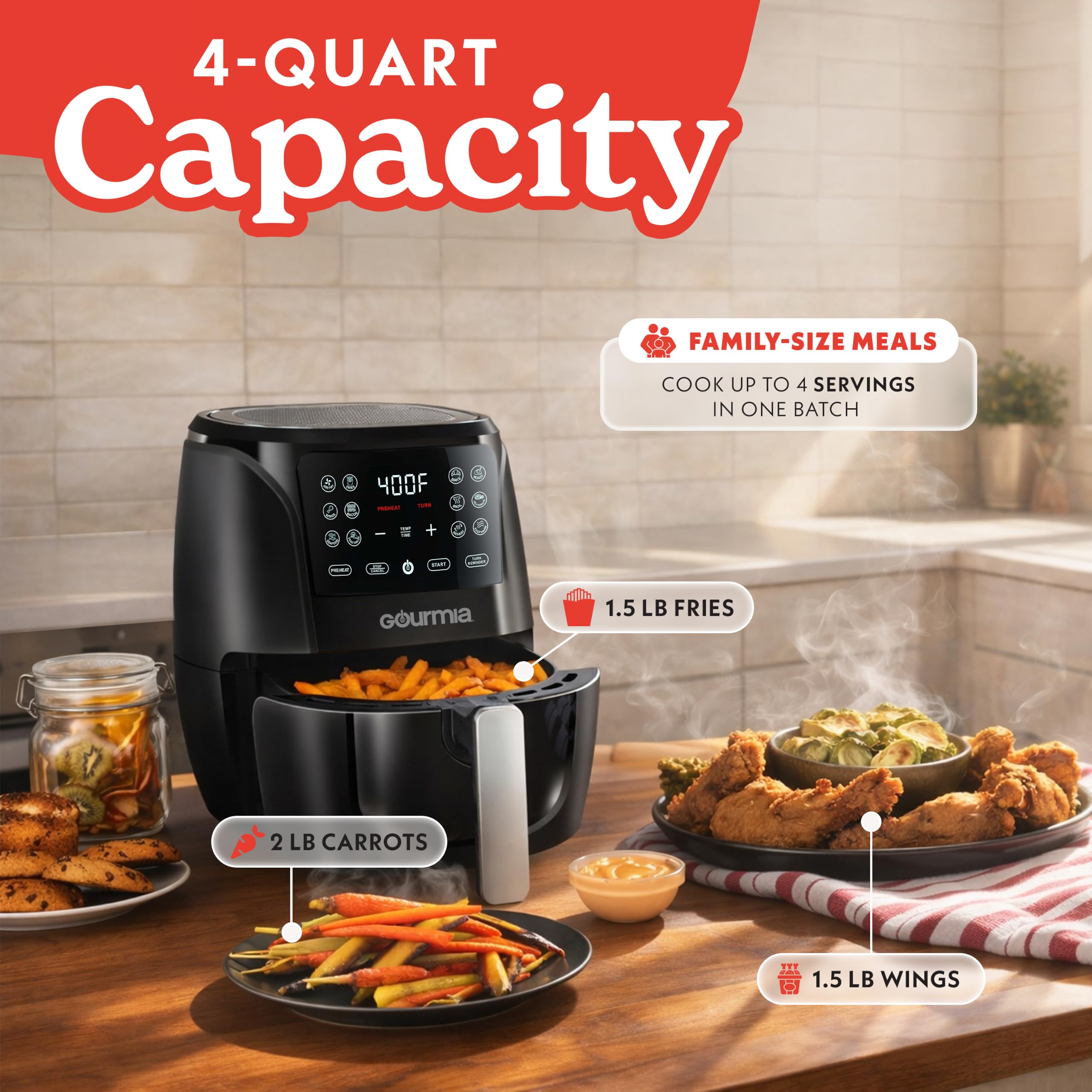 Gourmia next to measuring cup showing 4-quart capacity and true-to-size scale