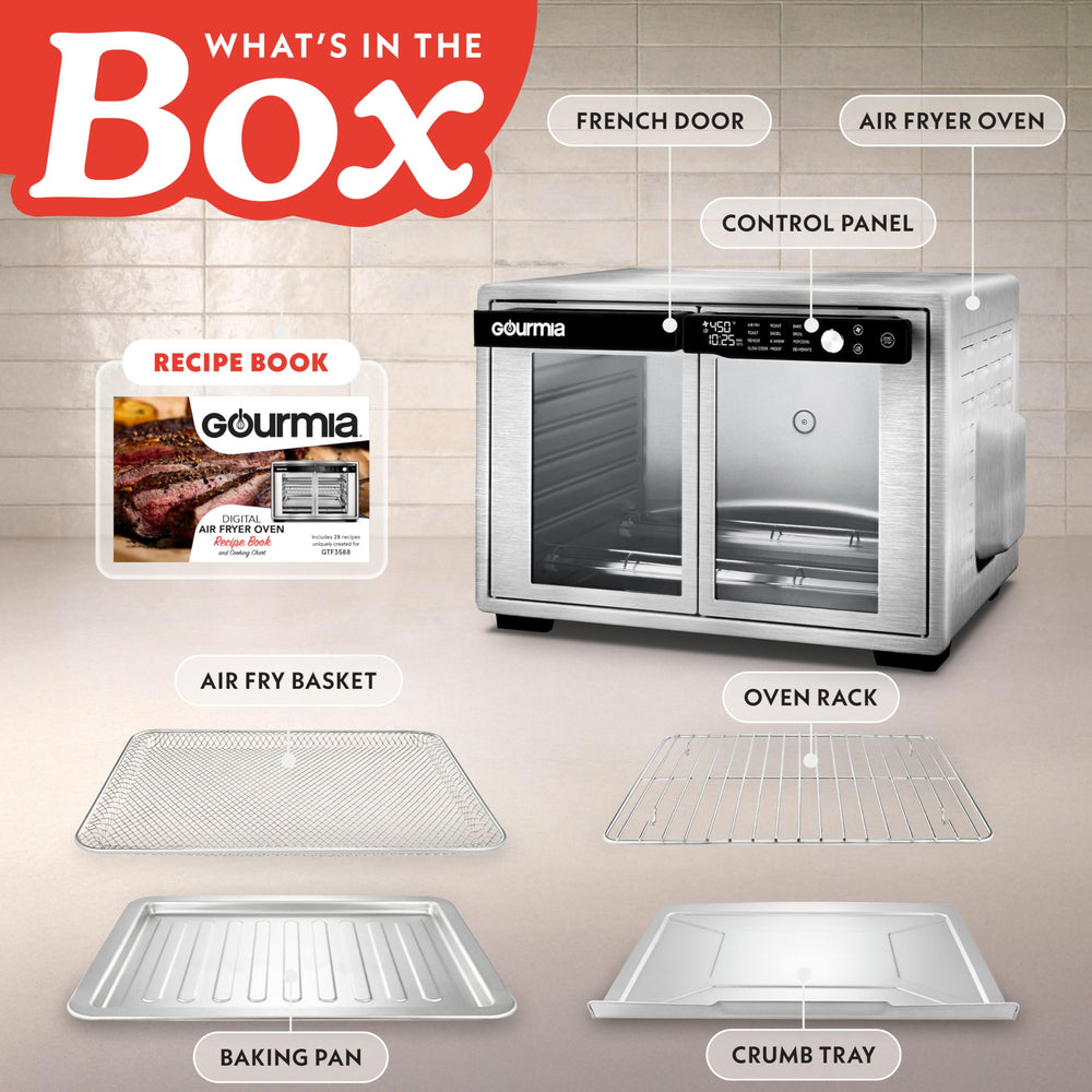Gourmia stainless steel digital control panel showing 12 presets for quick, consistent cooking