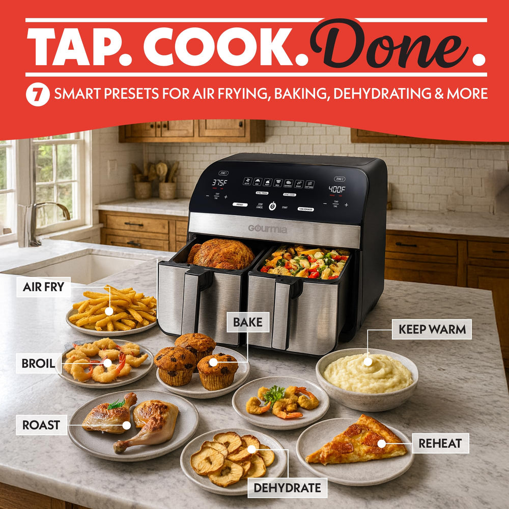 Gourmia control panel closeup showing presets and timers for easy cooking