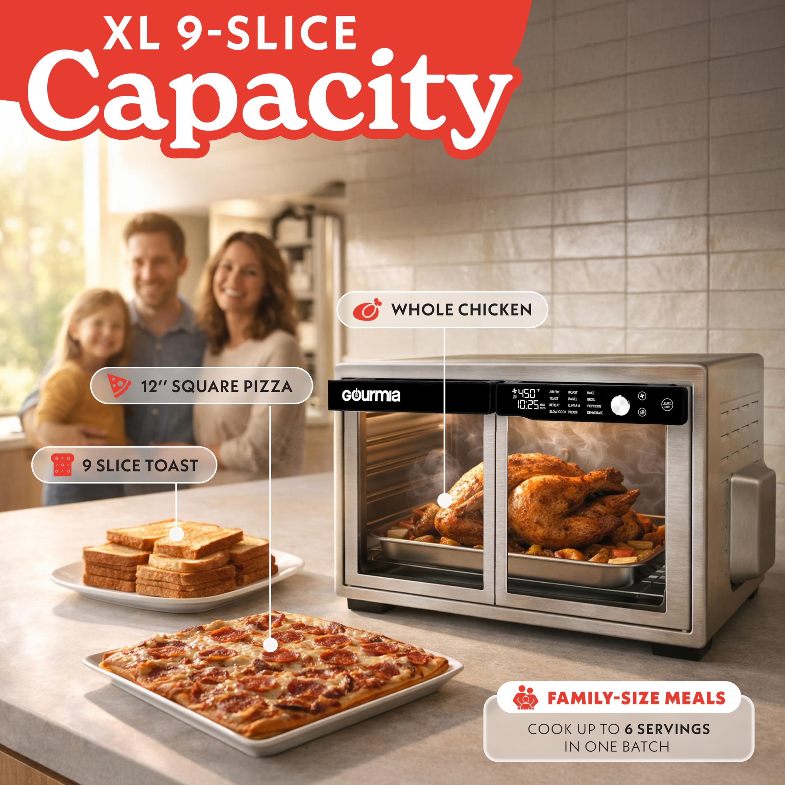 Gourmia interior showing multiple racks and nine slices of toast to illustrate space and versatility