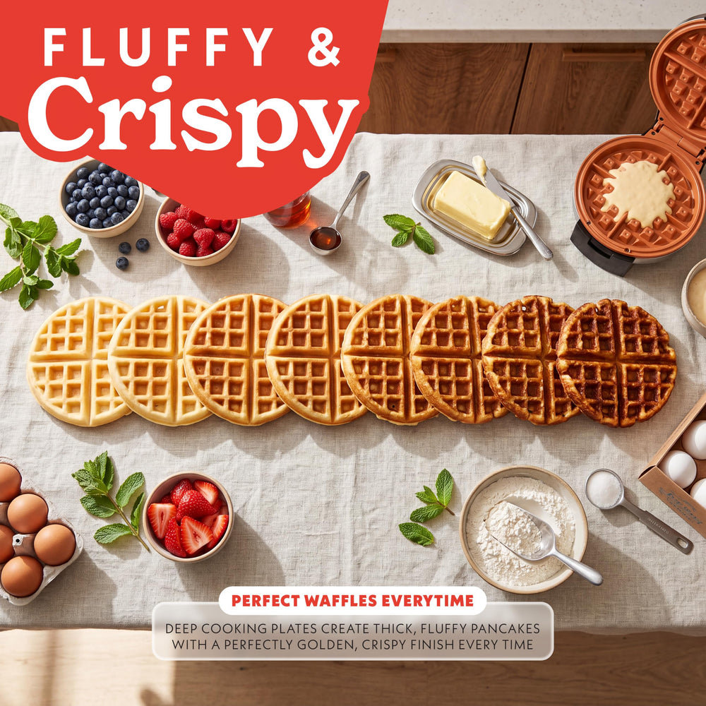 Gourmia waffle cooking in deep grid delivering thick Belgian texture
