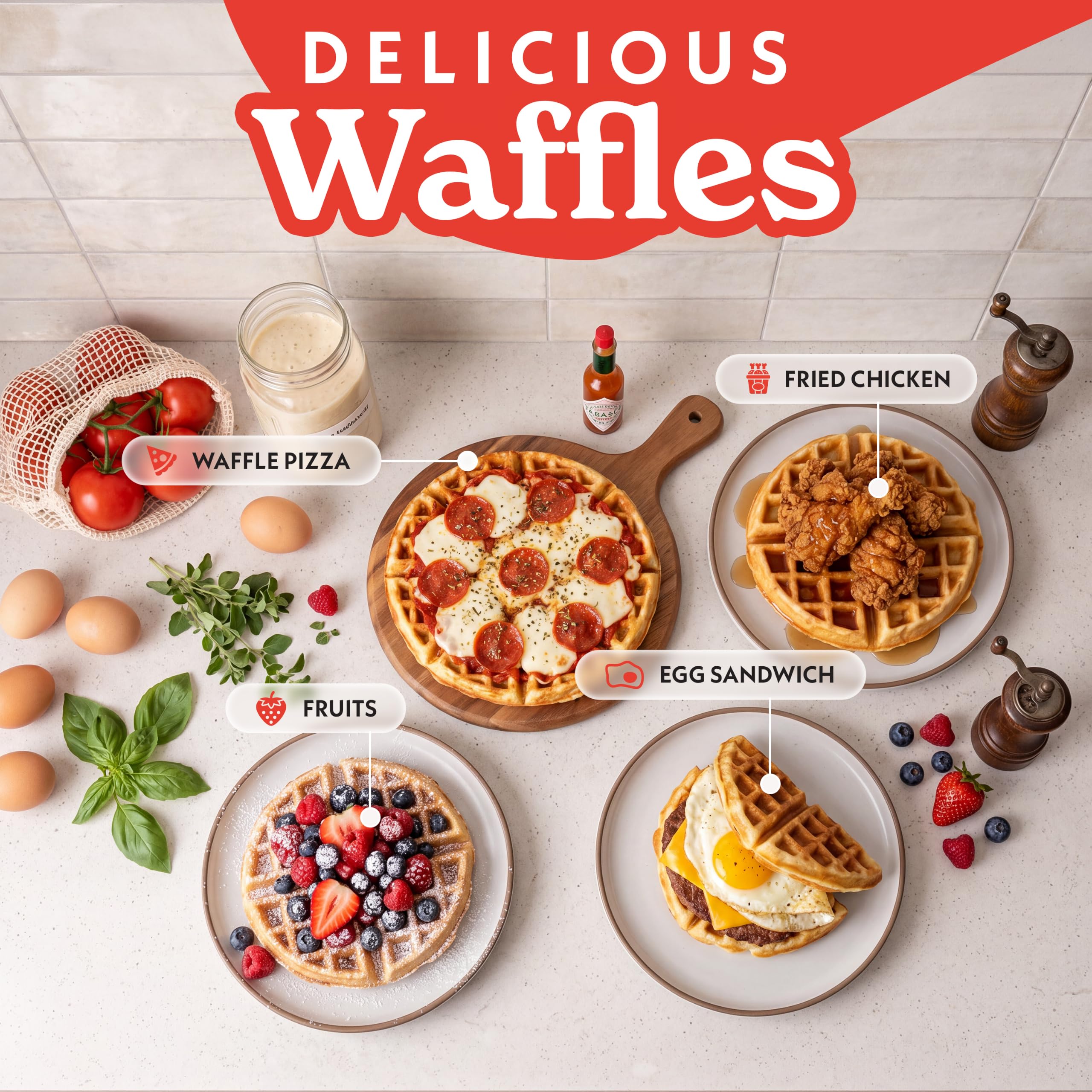 Gourmia waffles plated with fruit showing versatility for breakfast toppings