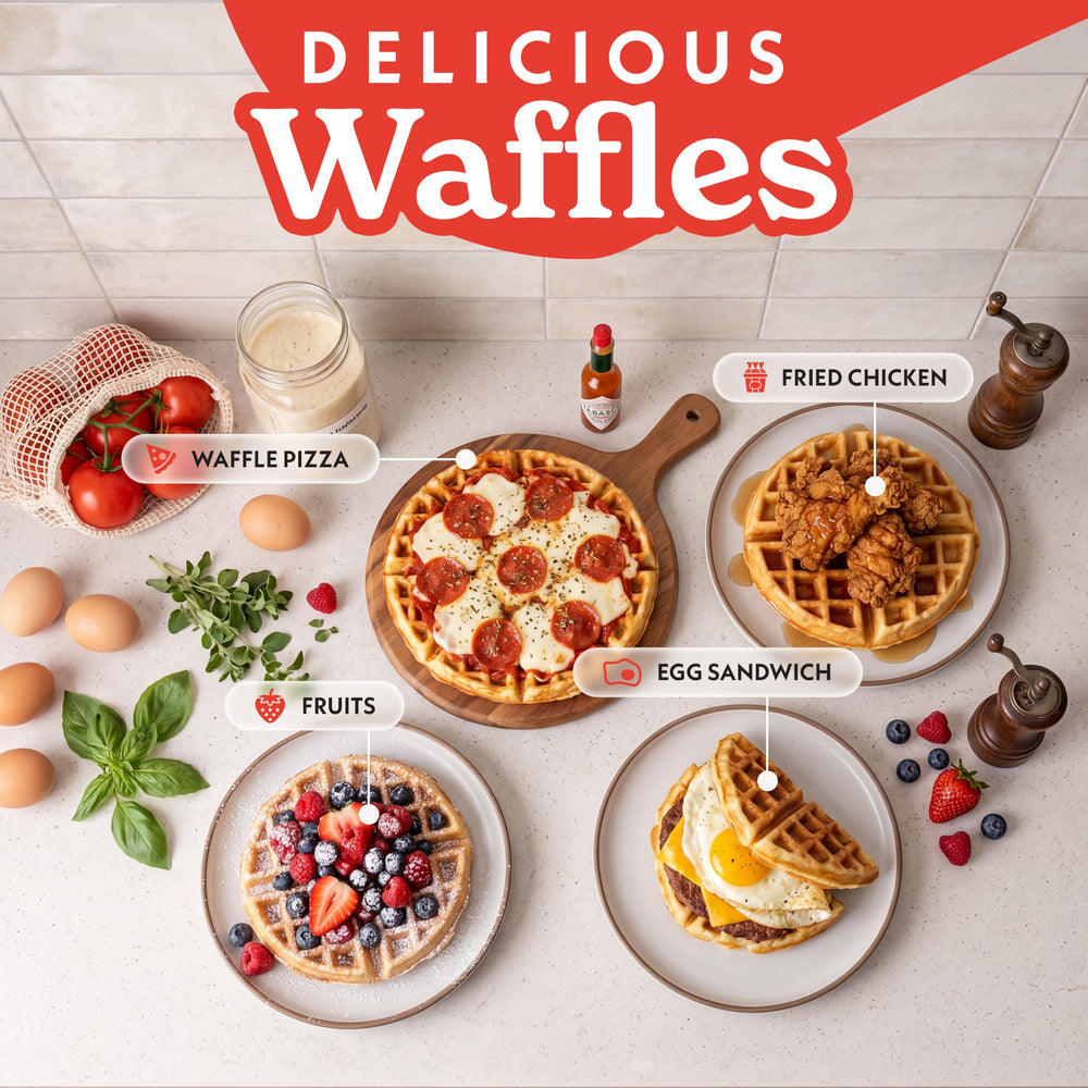Gourmia waffles plated with fruit showing versatility for breakfast toppings