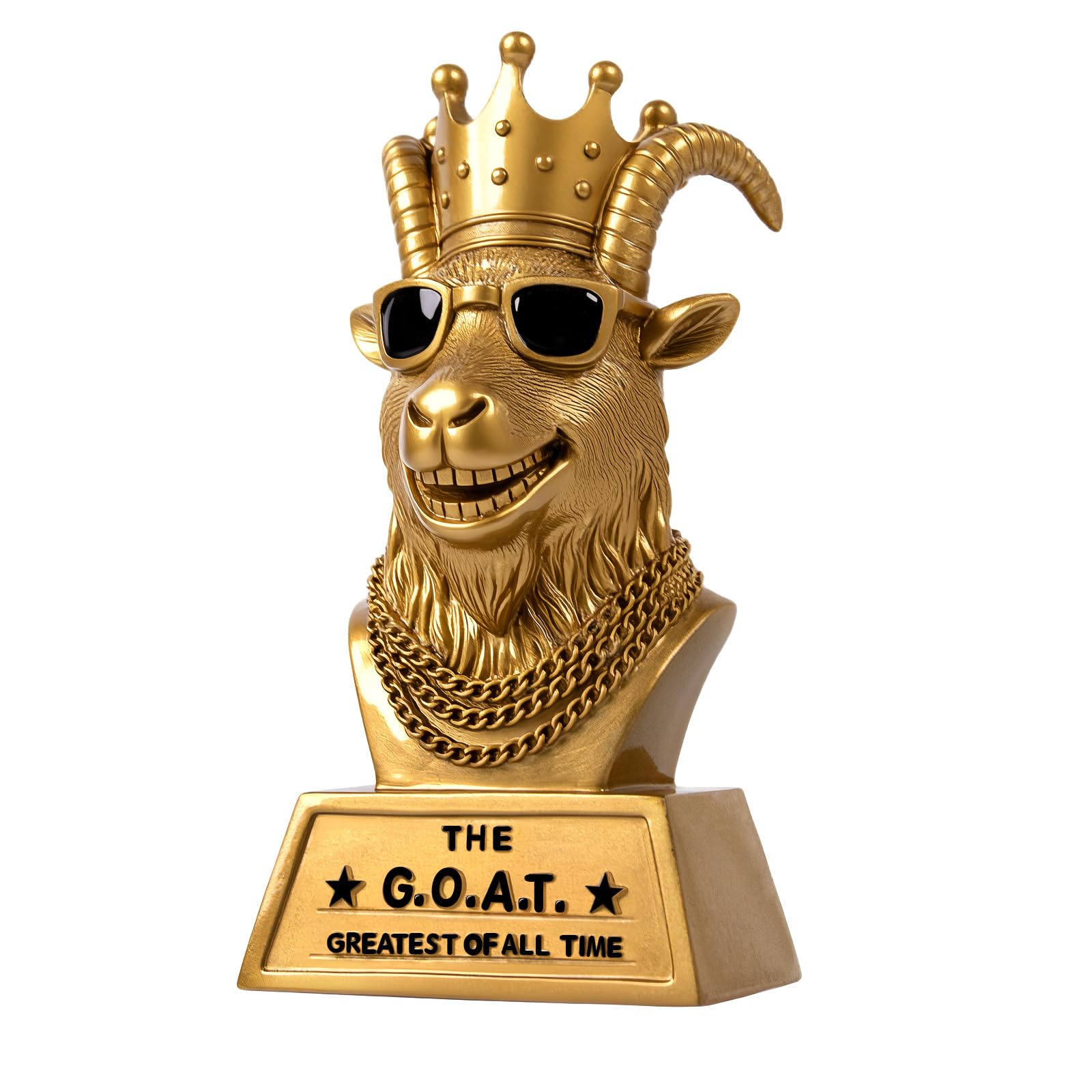 Goutoports goat trophy front view showing bold gold finish and instant presentation