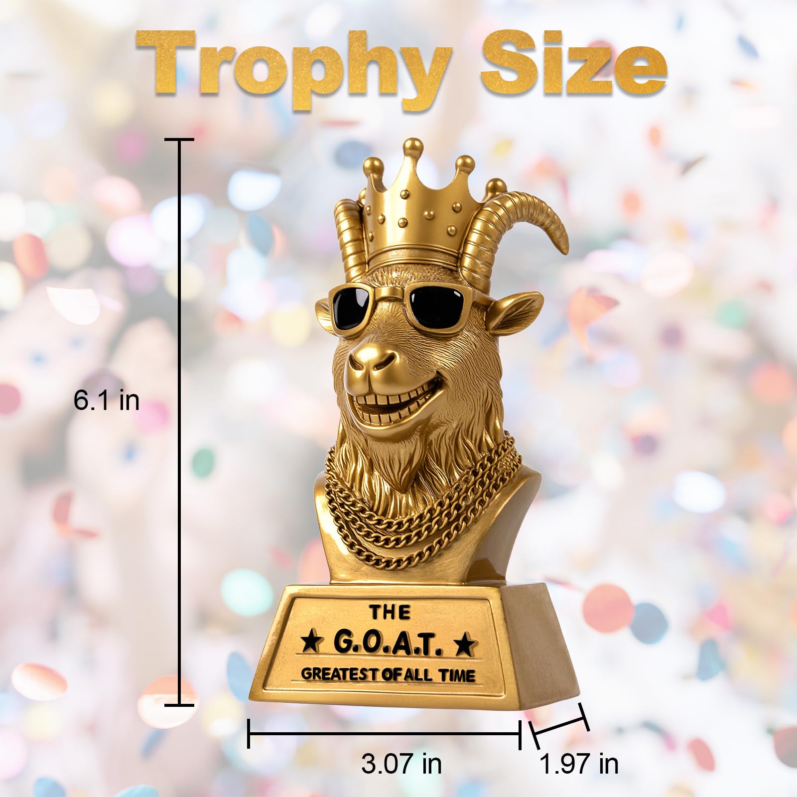 Goutoports goat trophy held in hand showing 300 g weight and solid resin feel