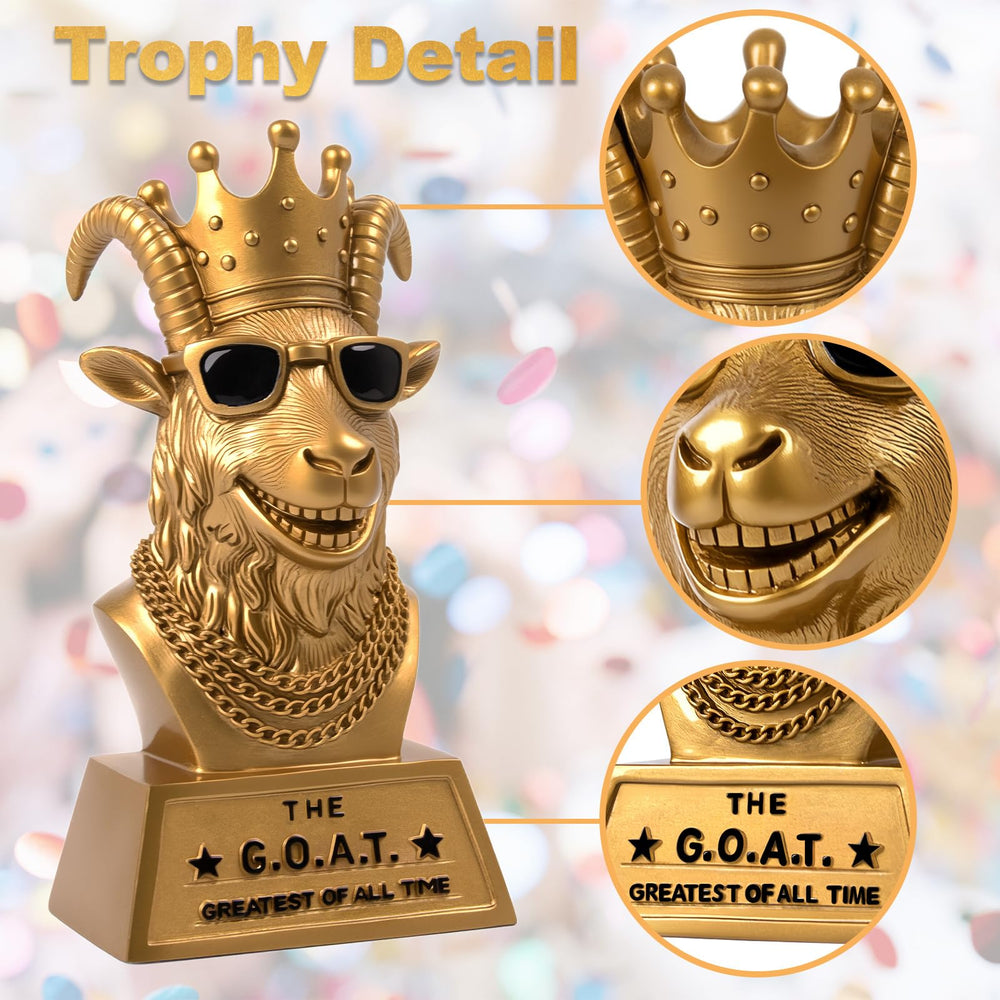 Goutoports goat trophy side profile highlighting crown, sunglasses, and sculpted details