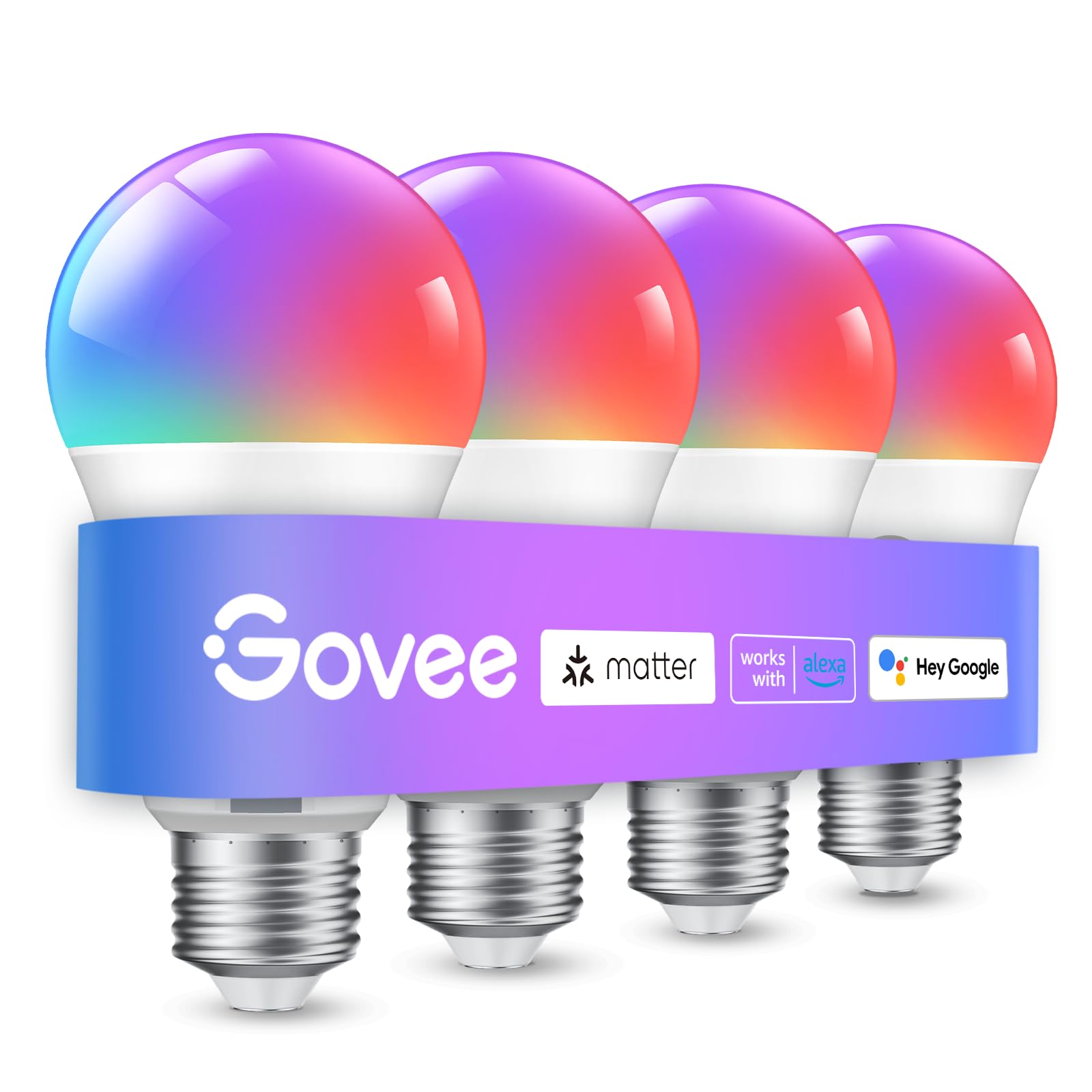 Govee A19 front view showing full-color bulb and E26 base, great for easy replacement