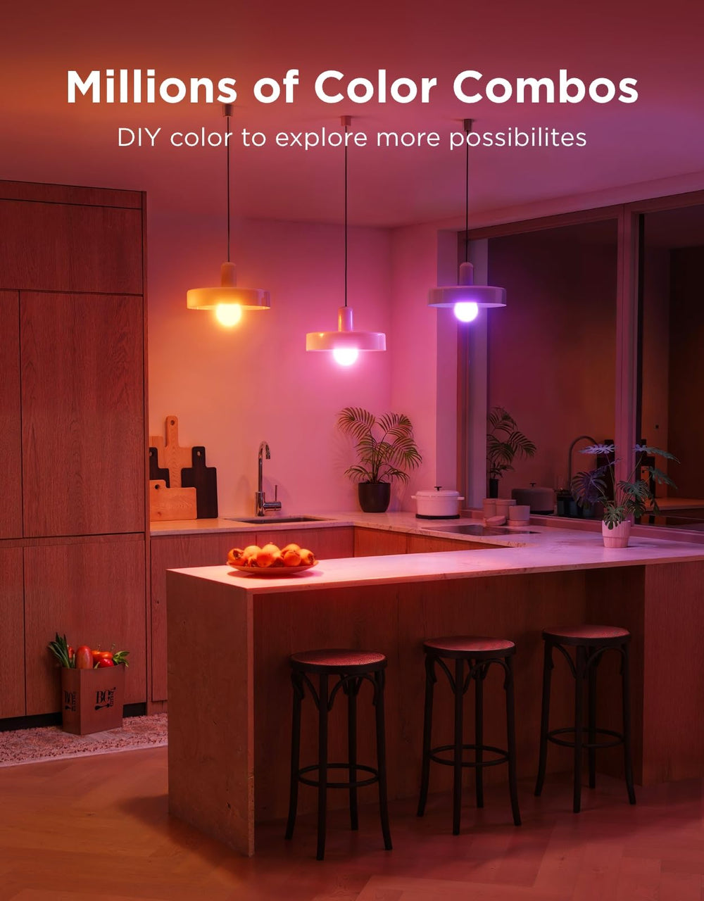 Govee A19 in a living room lit with colorful ambiance, improving mood and decor