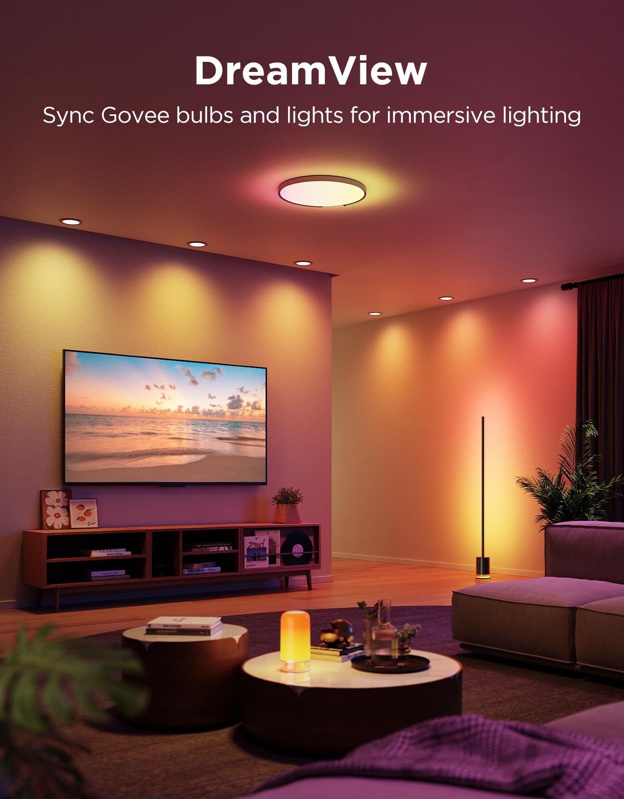 Govee BR30 on table producing warm-to-cool tunable white lighting