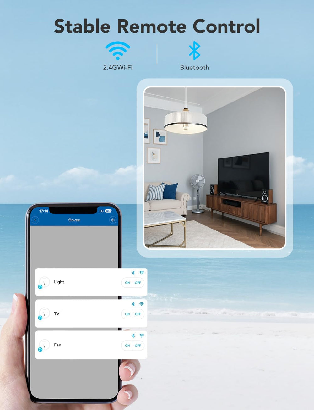 Govee smart plug powering a living room lamp showing easy voice and schedule control