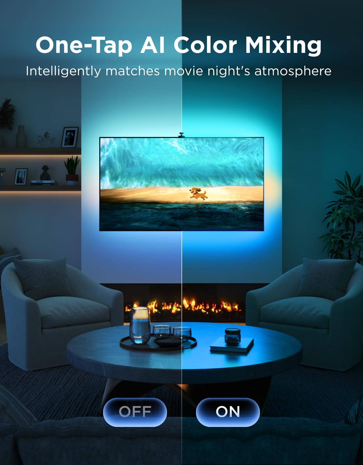 Govee lights synced to a movie scene, immersive viewing atmosphere benefit