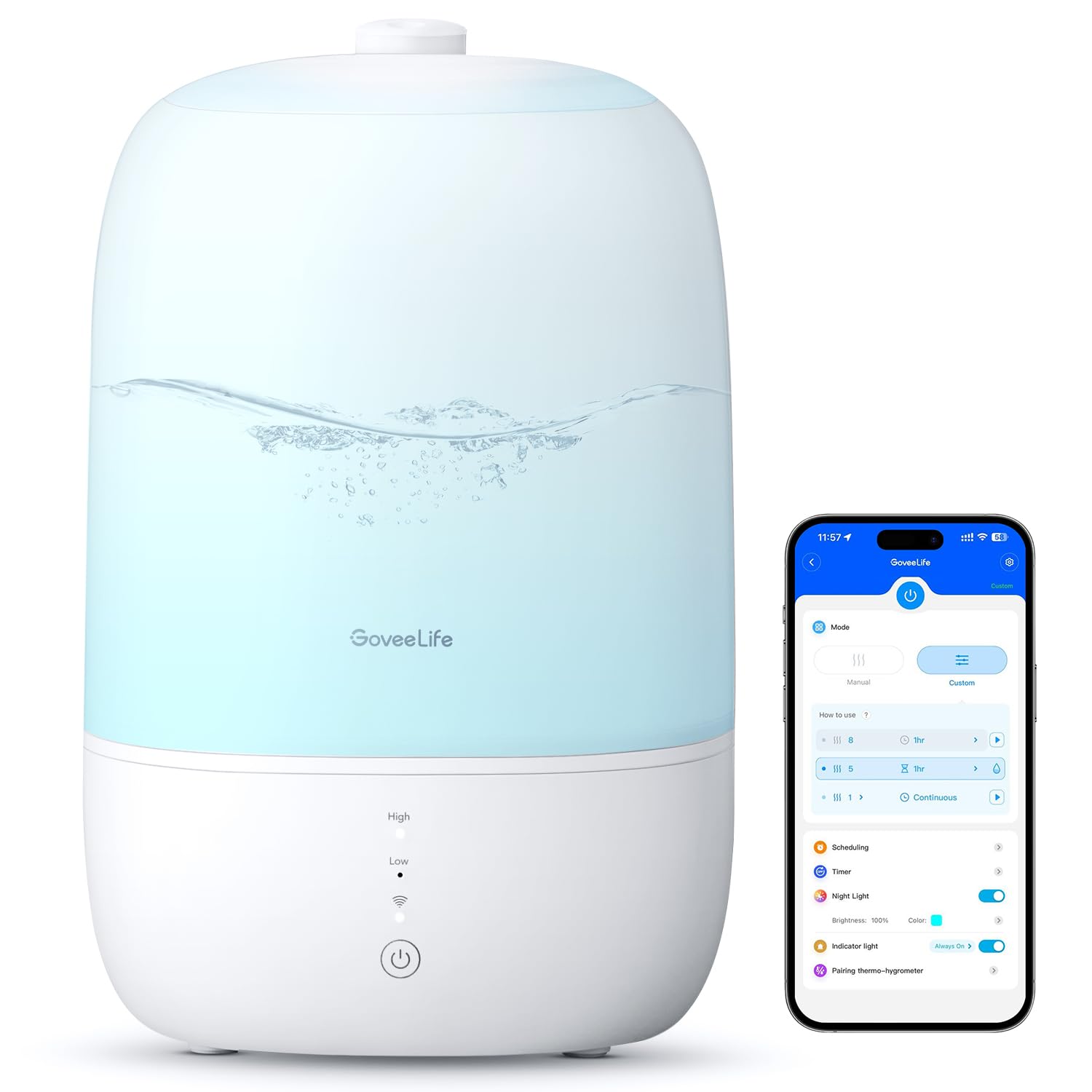 GoveeLife front view of humidifier showing sleek design and quiet benefit