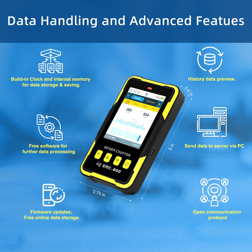 GQ GMC-800 on table monitoring a room for continuous data logging