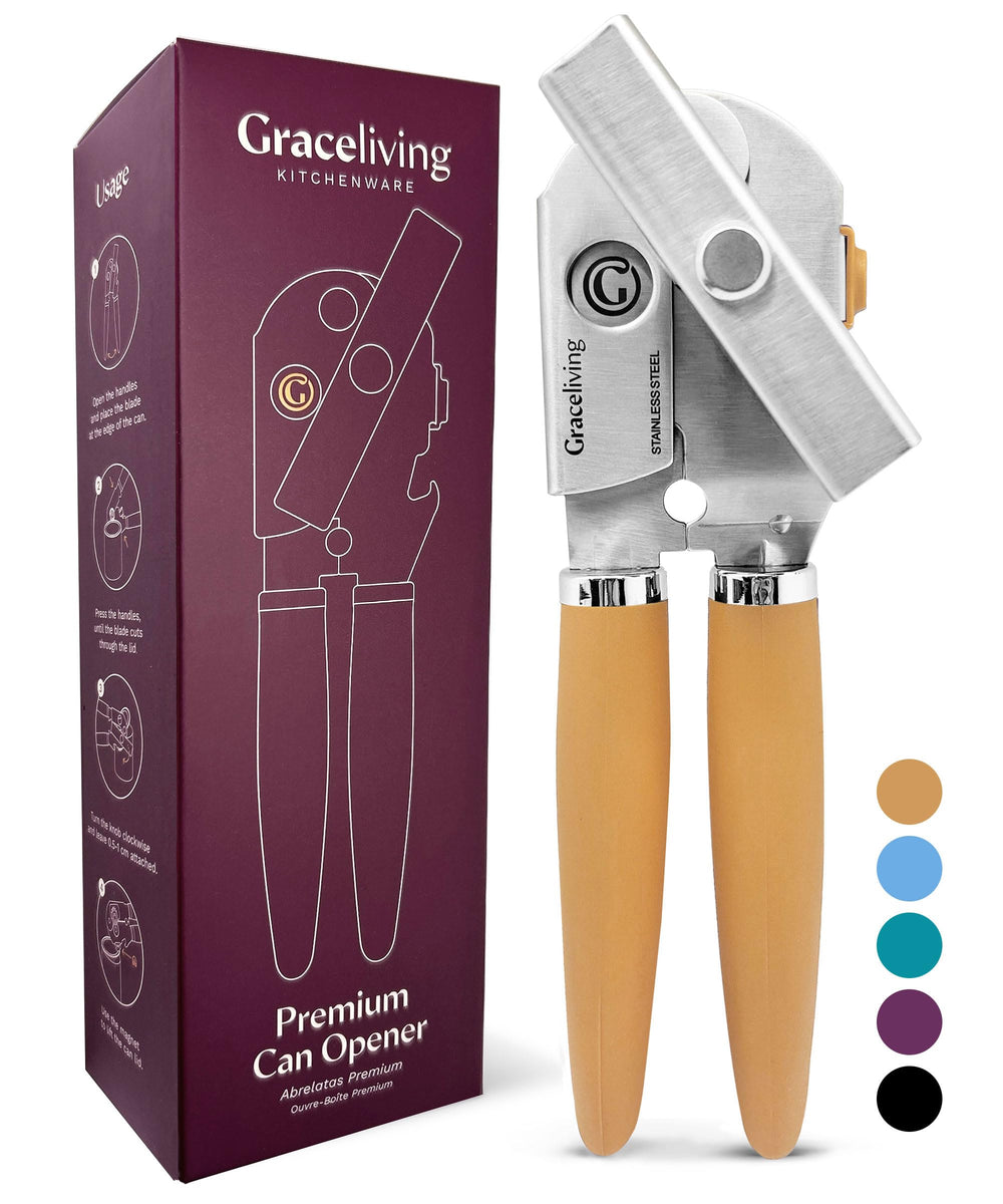 Graceliving can opener front view showing orange finish and sturdy build benefit easy storage