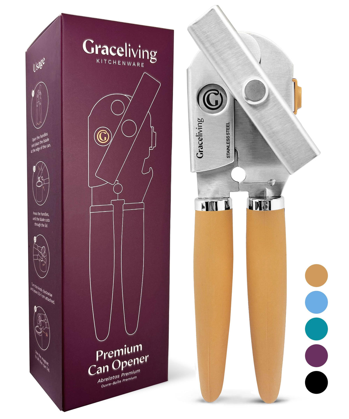Graceliving can opener front view showing orange finish and sturdy build benefit easy storage