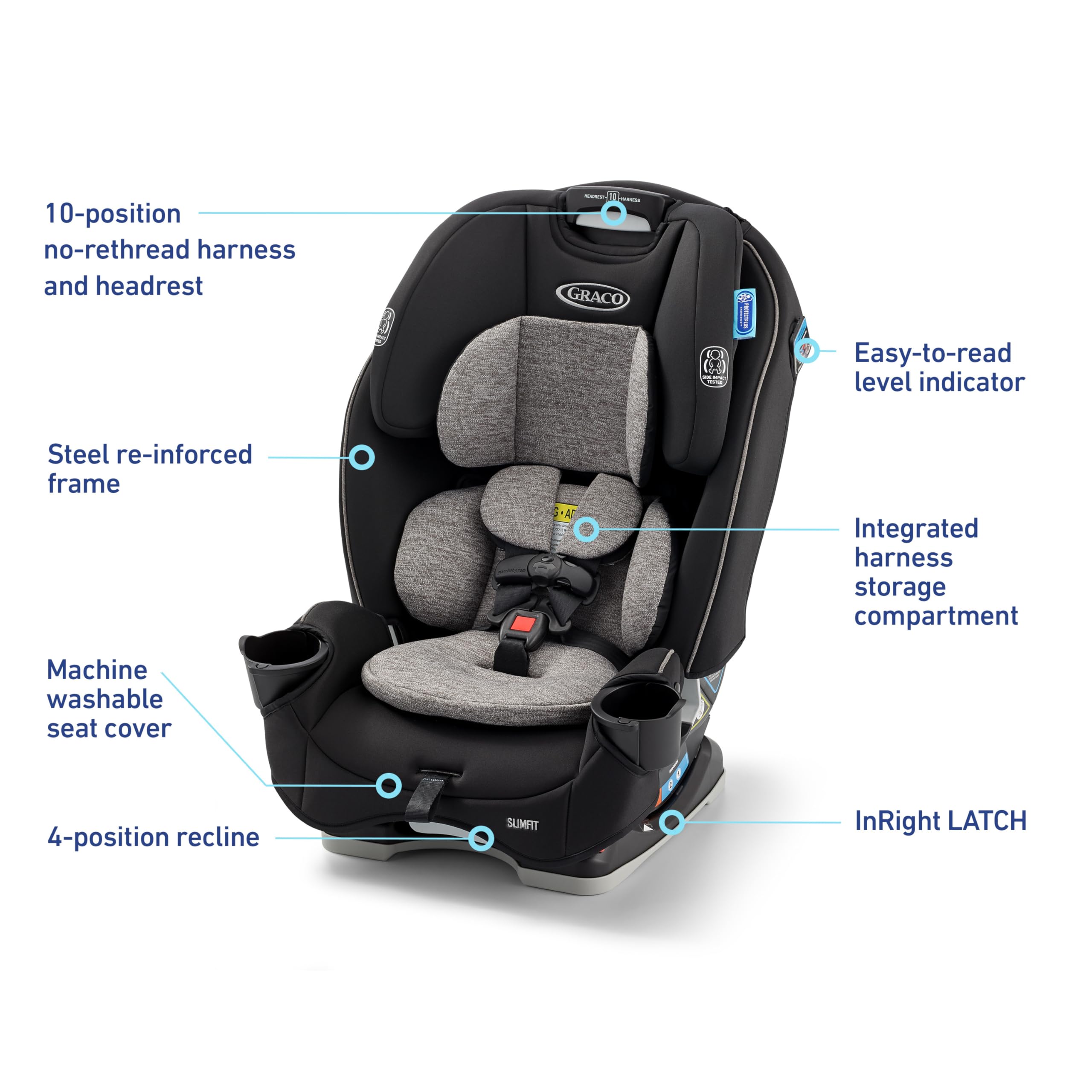 Graco SlimFit forward-facing with child showing harness fit