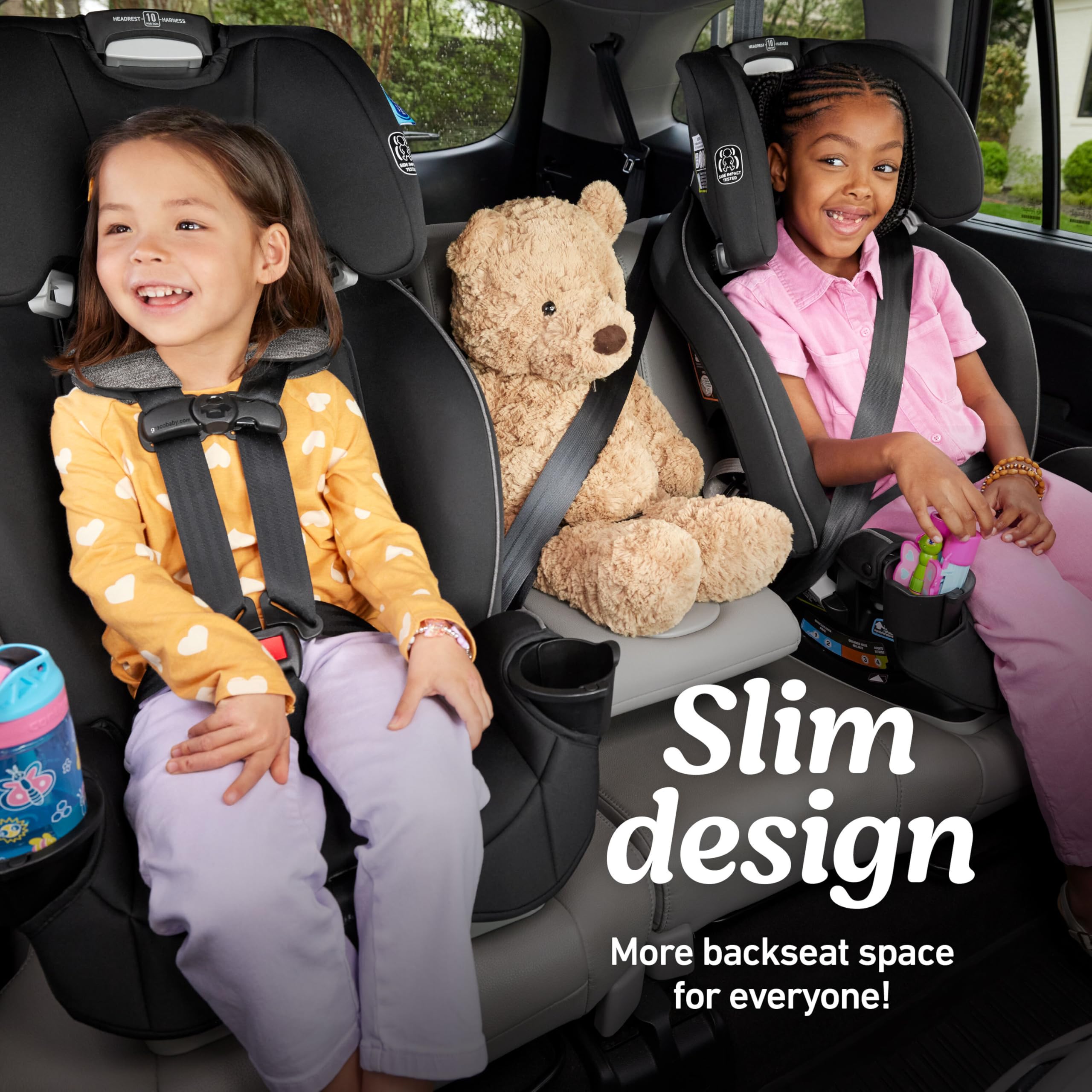 Graco SlimFit headrest adjustment showing Simply Safe Adjust benefit