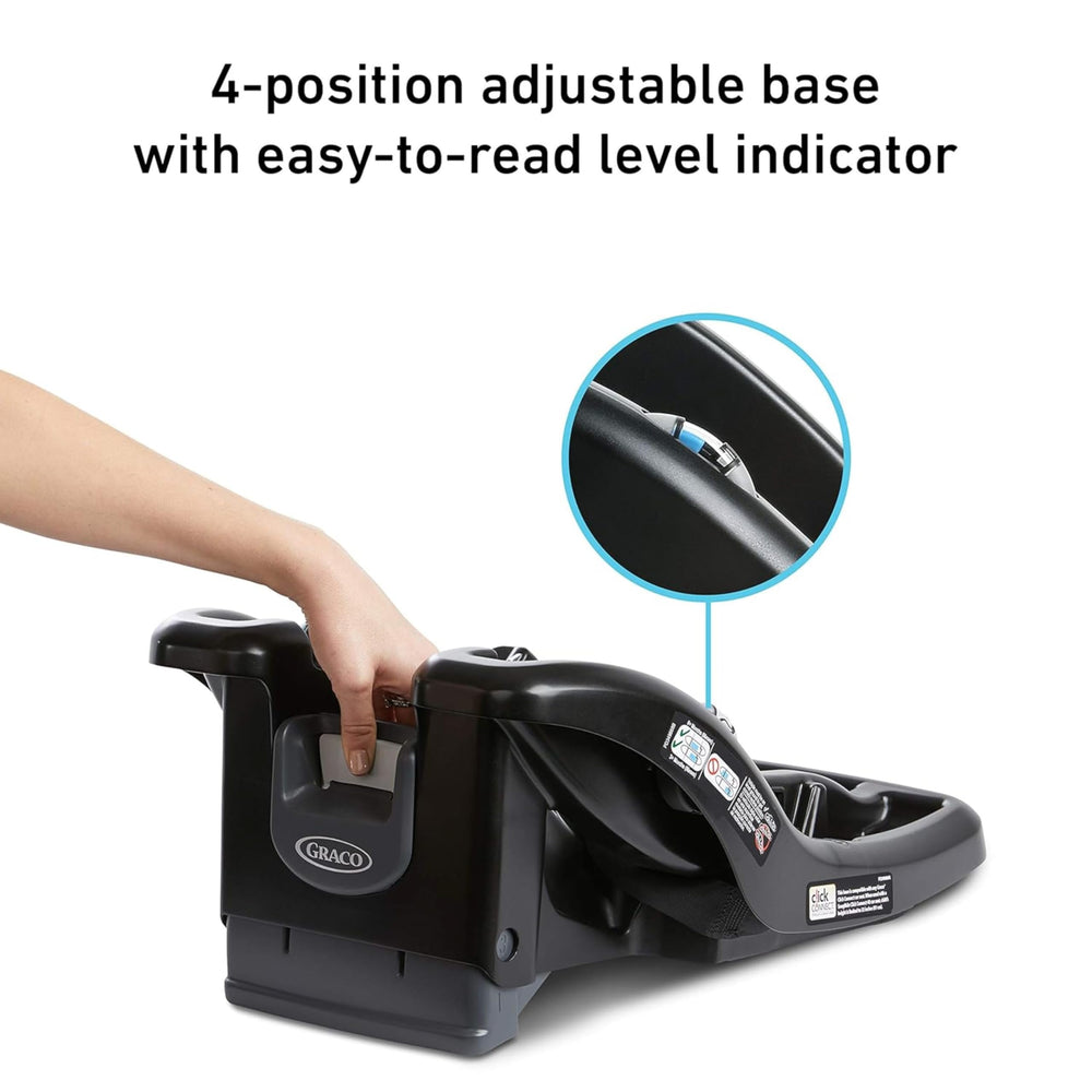 Graco base with infant seat attached illustrating easy one‑step attachment