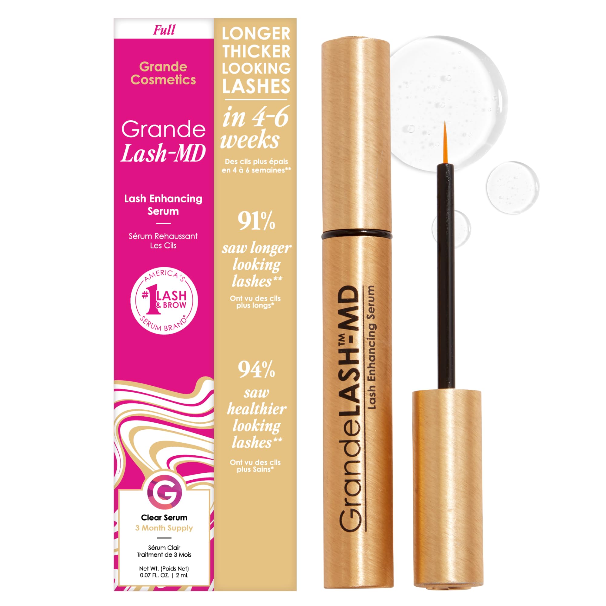 Grande Cosmetics bottle front view showing product and benefit of longer lashes