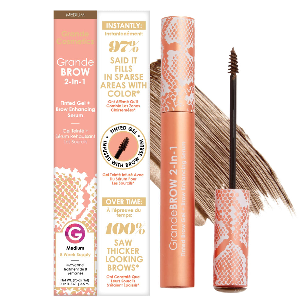 Grande Cosmetics GrandeBROW front packaging showing medium tint and benefits