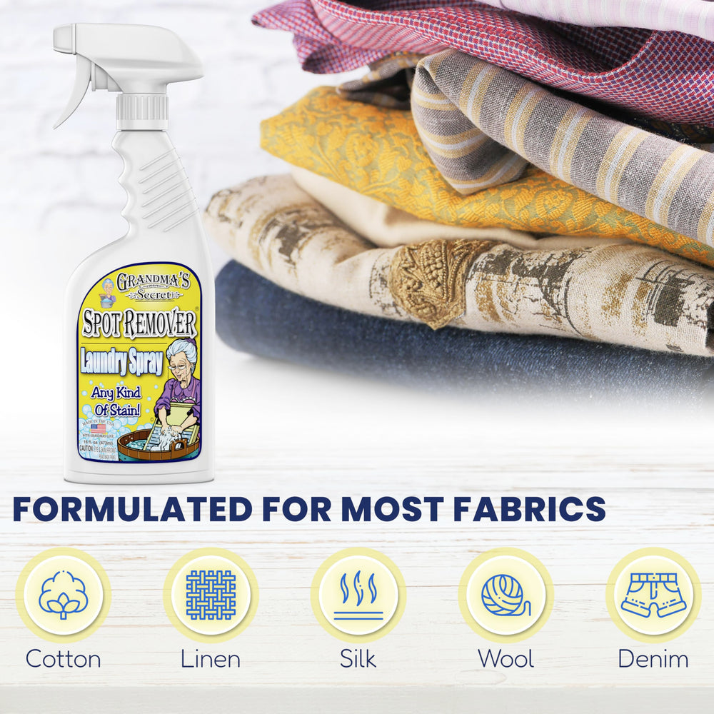 Grandma's Secret spray applied to a shirt stain illustrating targeted pre-treatment benefit